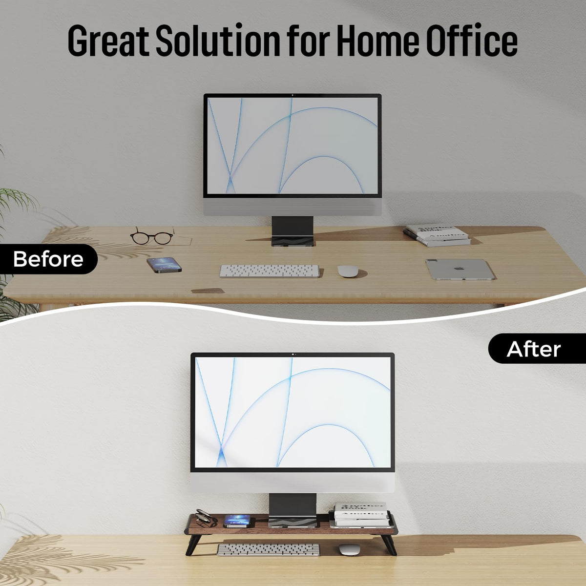 loukin Monitor Stand Riser for Desk, 22.4" x 8.3" Larger Computer Stand for Laptop, PC, Printer, Sturdy Desktop Computer Shelf with Non-Skid Rubber, Home Office (Brown)