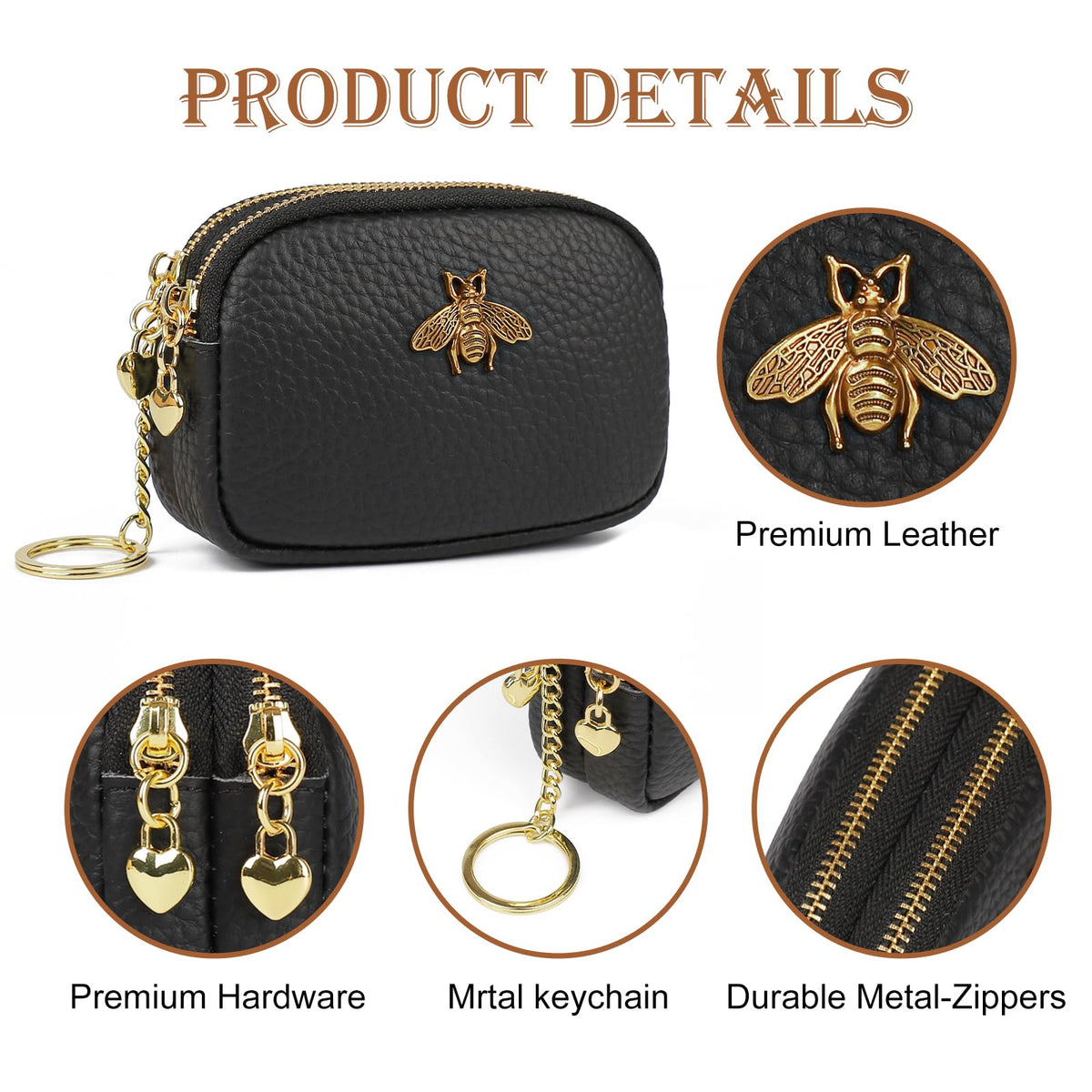 imeetu Women Leather Coin Purse, Small 2 Zippered Change Pouch Wallet(Copper Bee, Yellow Green)