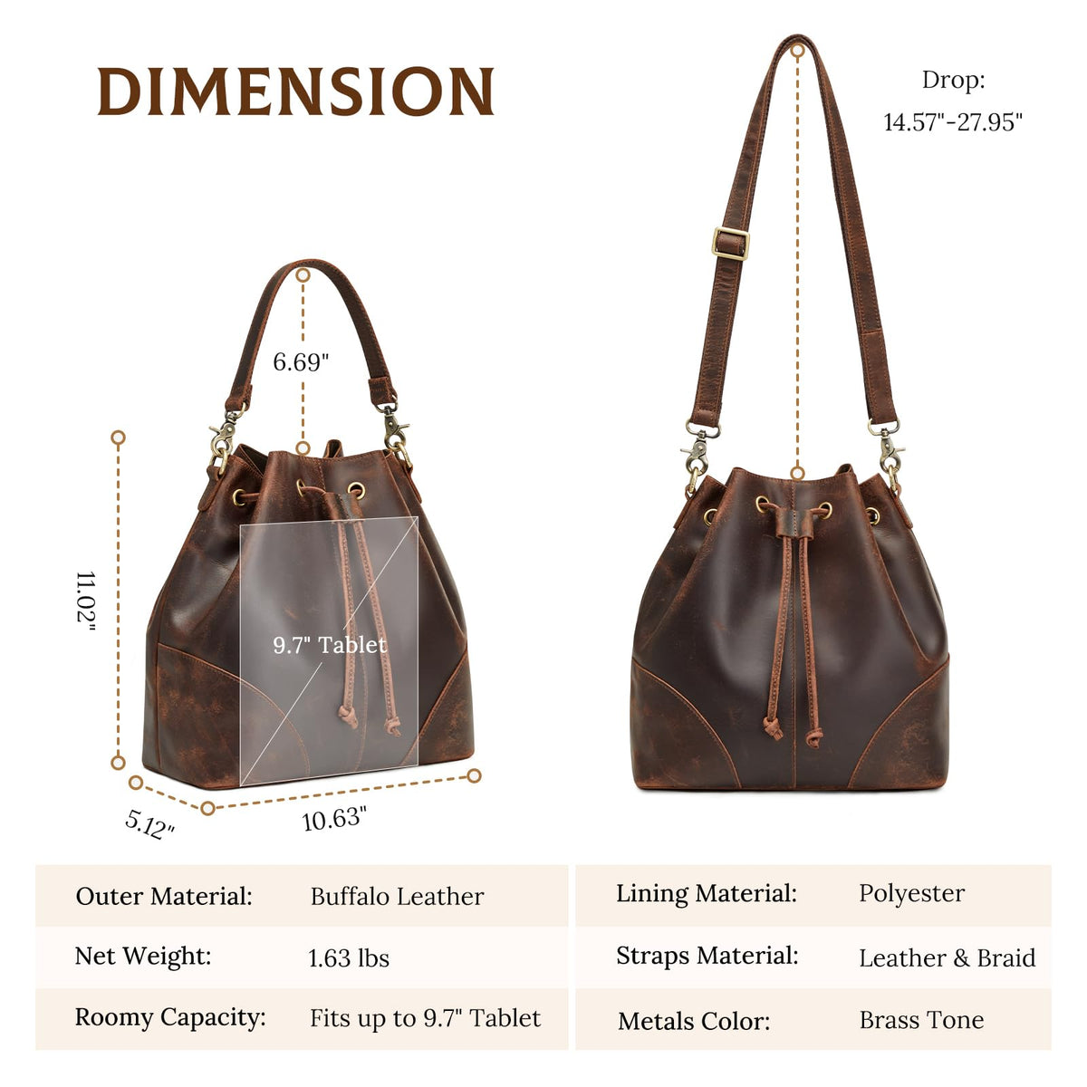 S-ZONE Genuine Leather Bucket Bags for Women Drawstring Crossbody Purses Shoulder Top Handle Handbags with 2 Straps