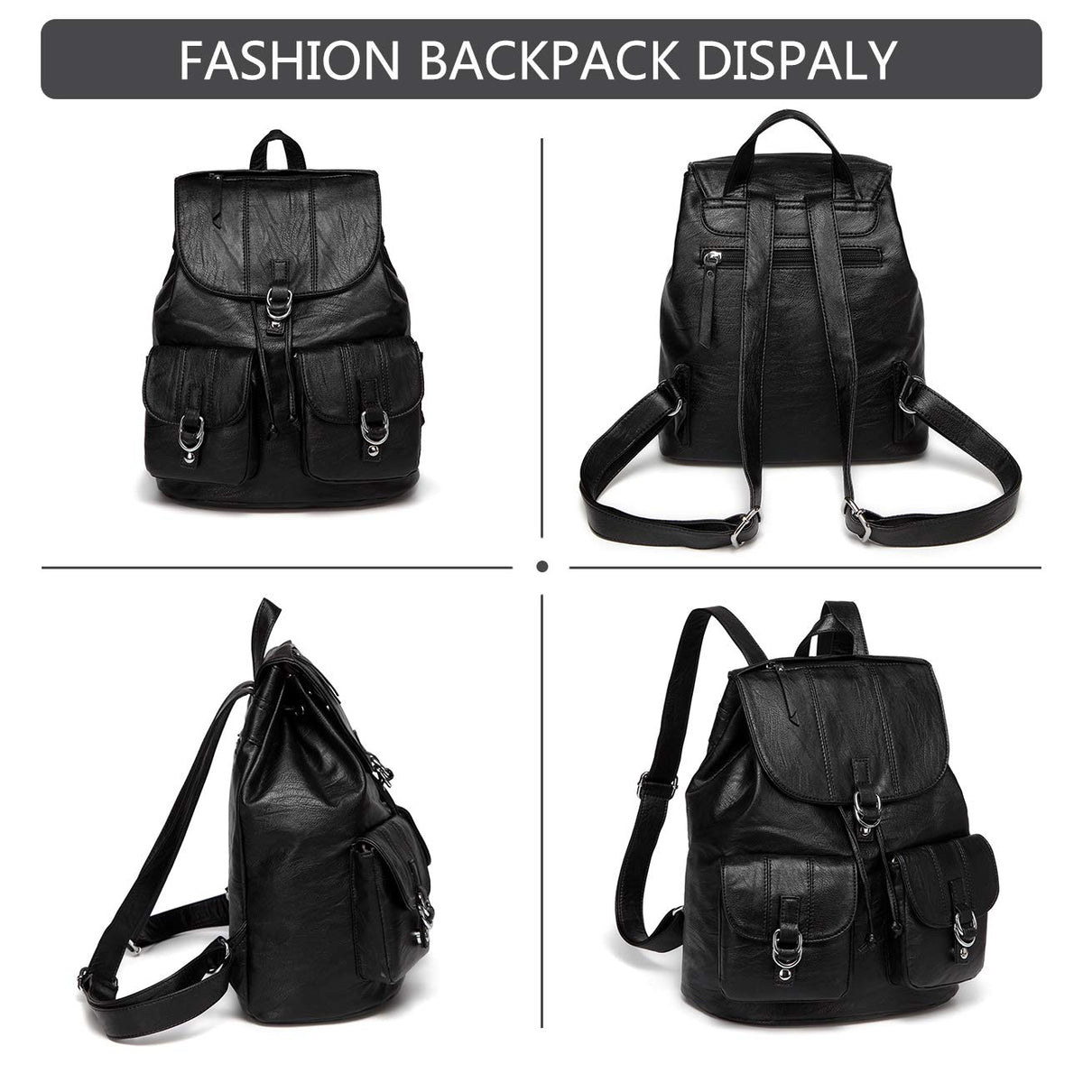 VASCHY Mini Backpack Purse for Women, Fashion Faux Leather Buckle Flap Drawstring Backpack for College with Two Front Pockets Black