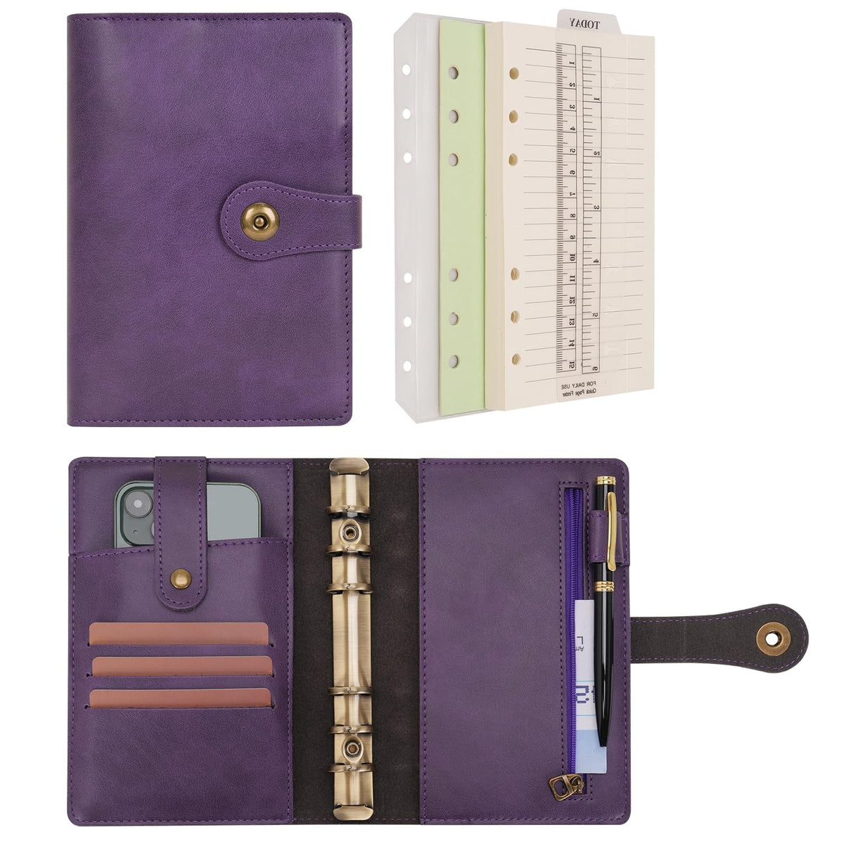 Wonderpool A6 Binder Journal Leather Spiral Notebook Refillable College Ruled Paper, Budget Binder Rings Diary Organizer with Pen for Office School Travel Business Planning Writing (Purple,A6)