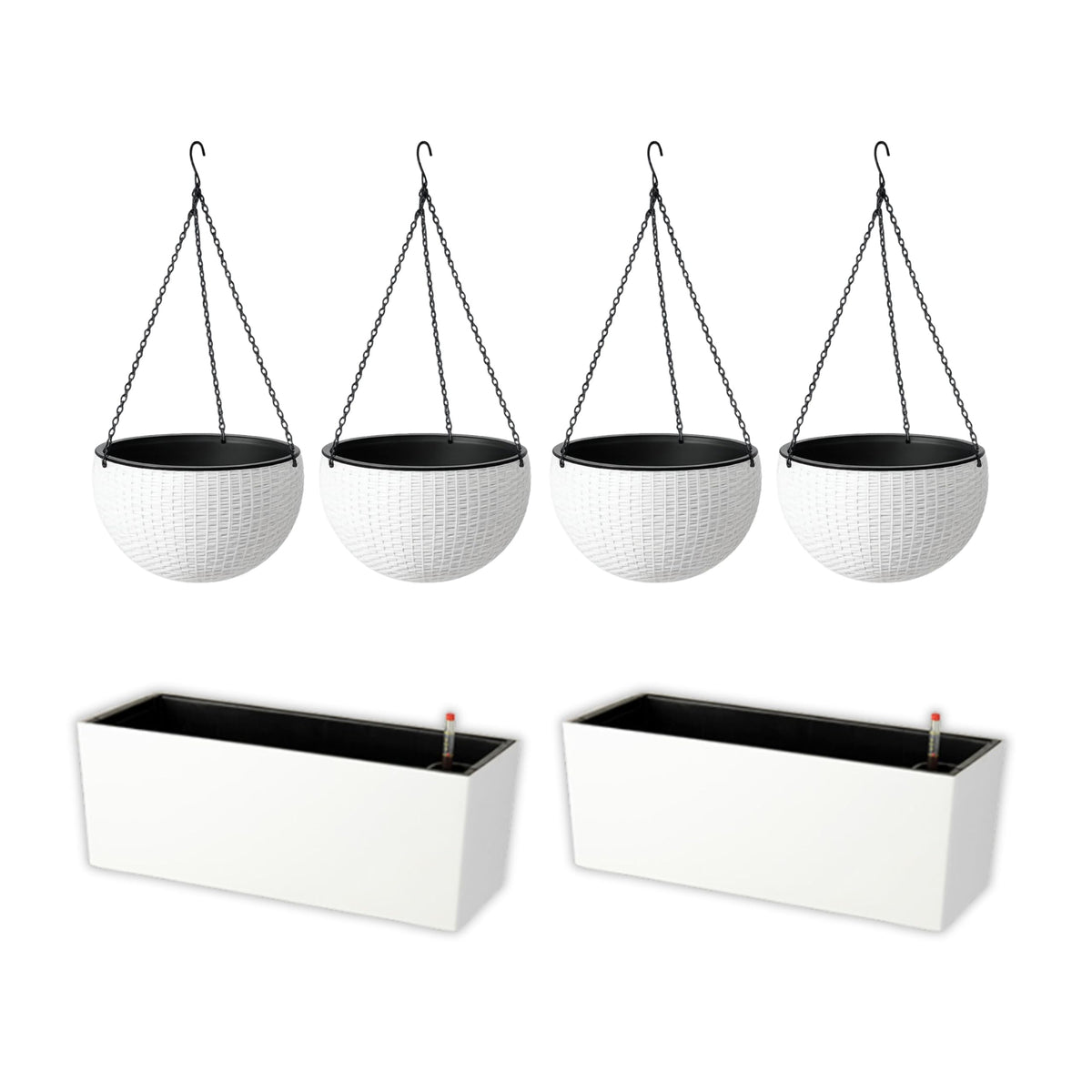 LaLaGreen Bundle- 4 Pack, 11 Inch Self Watering Hanging Basket + 2 Pack, 14 Inch White Rectangular Planter Window Flower Box with Bracket Round Plant Pots Outdoor Balcony Patio Porch Deck Garden Decor