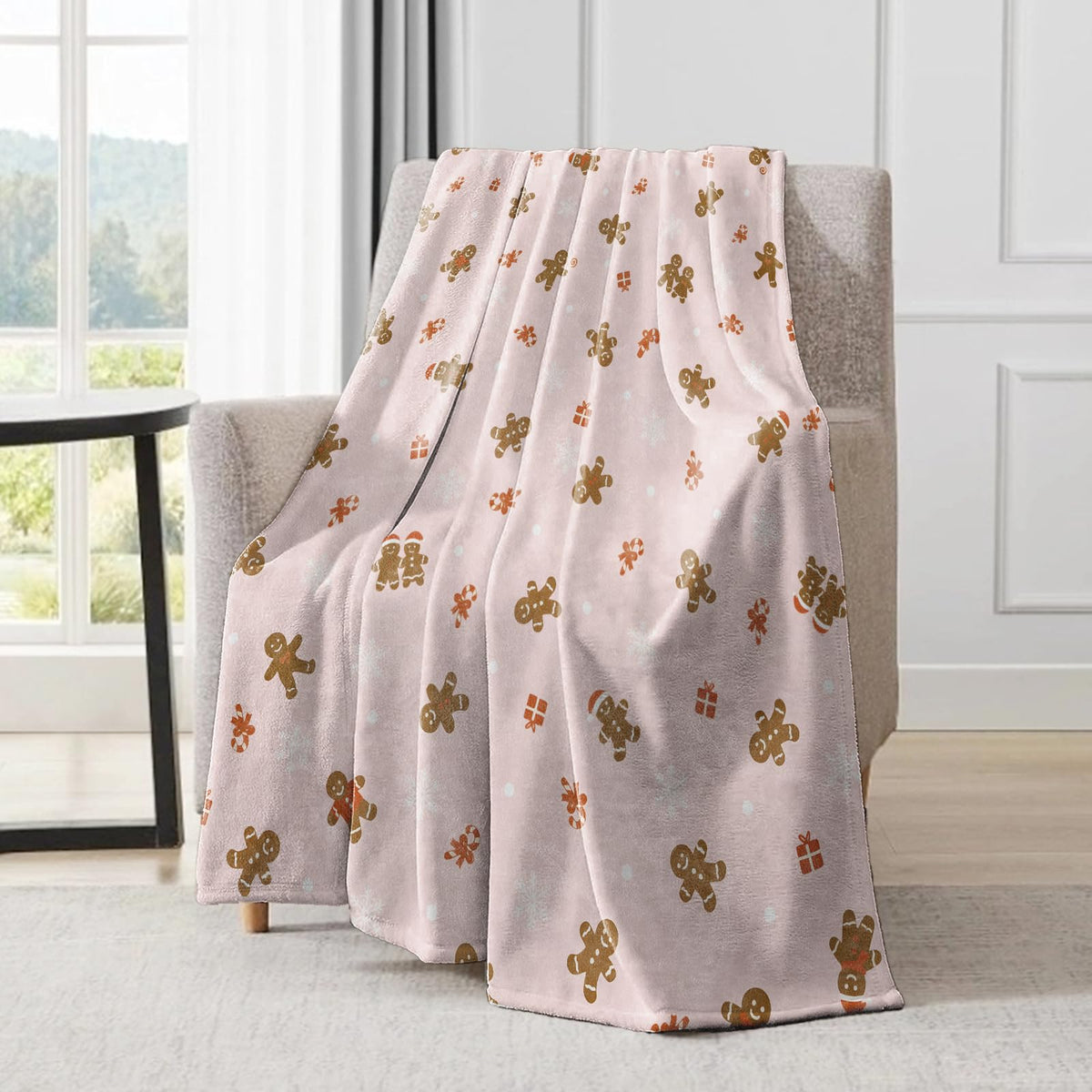 ainori Gingerbread Man Christmas Decorative Throw Blanket,Candy Snowflake Print Decoration,Flannel Winter Pink Blankets for Couch Sofa,Holiday Decor,Xmas Festival Gifts for Girls Kids 50x60 Inch
