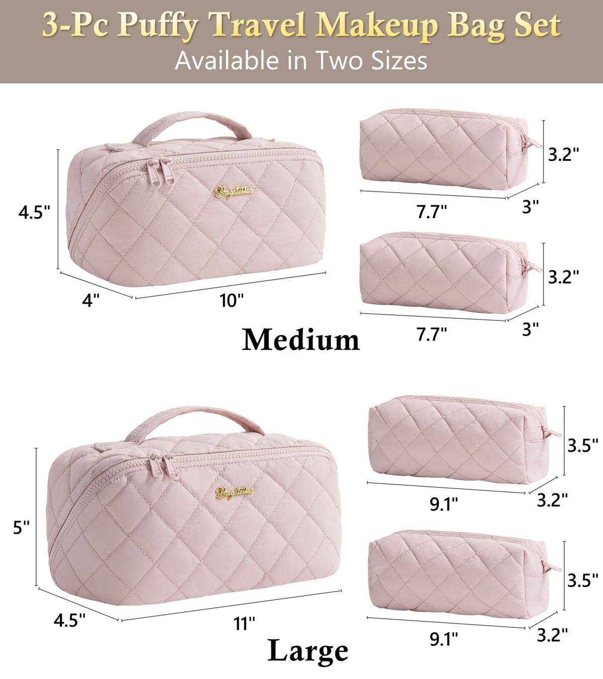Travel Makeup Bag, 3 Pcs Large Capacity Puffy Toiletry Bag for Women, Open Flat Make up Cosmetic Organizer w/Handle & Clear Divider Water-resistant Portable Pouch Travel Essentials, L-Light Pink