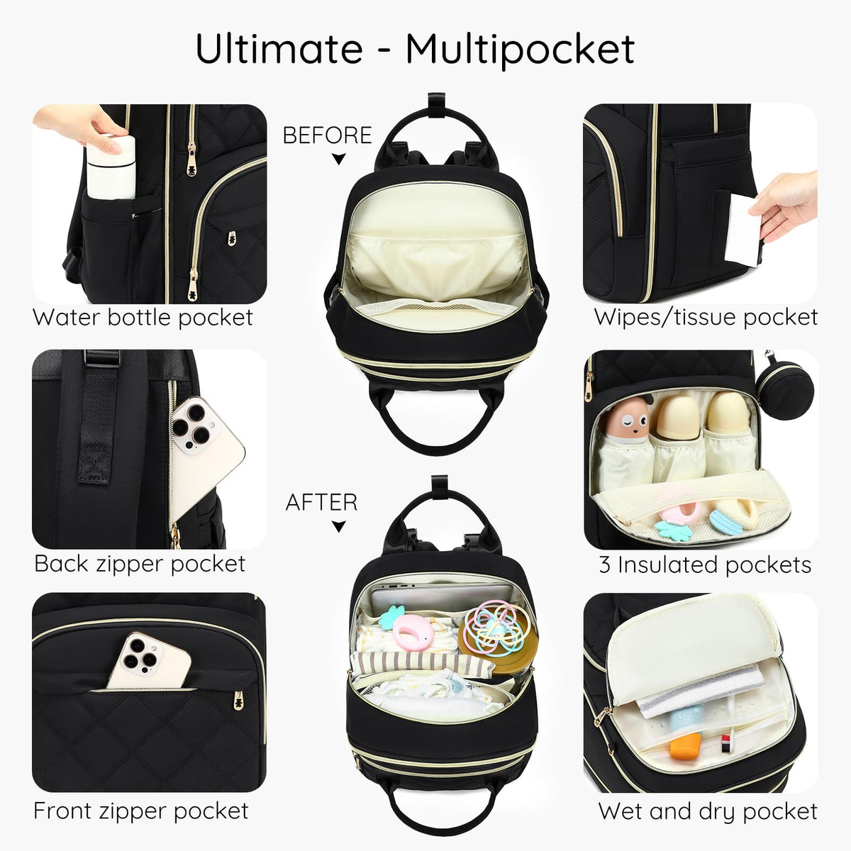 ViveVoy Diaper Bag Backpack, Large 26L Baby Bag with Portable Changing Pad & Pacifier Case, Waterproof Quilted Maternity Backpack for Mom and Dad, Travel Essentials with Insulated Pockets, Pink