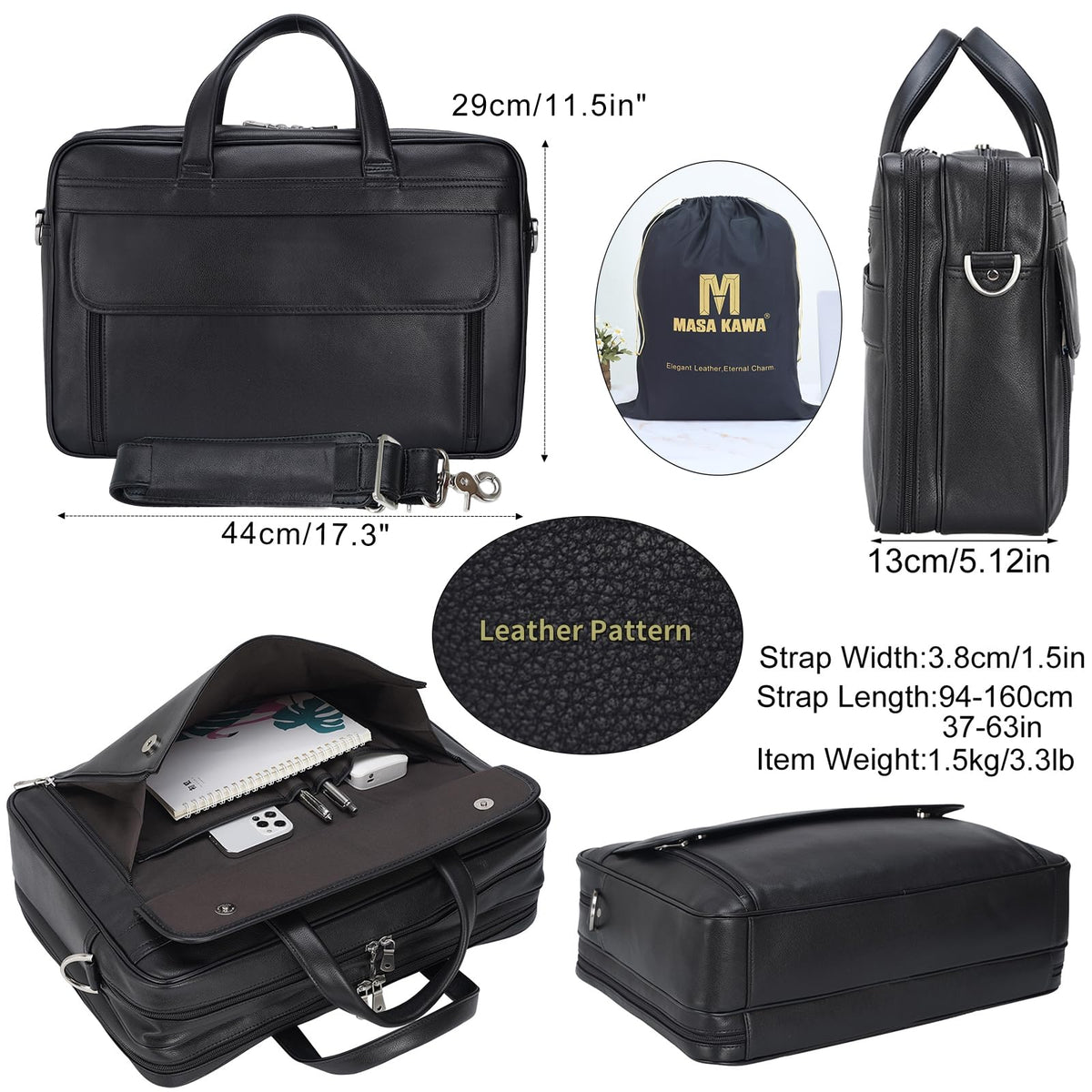 Masa Kawa Black Leather Briefcase for Men 17 Inch Laptop Computer Case Business Travel Work Messenger Cross Body Shoulder Bag