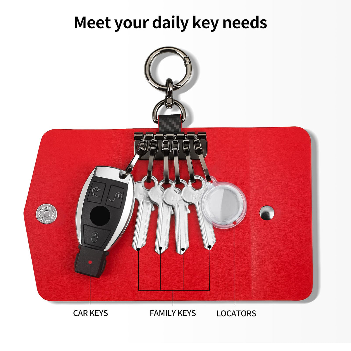 Leather Keychain Wallets Portable Key Holders Pouch Multiple Key Organizer, Key Holder with 6 Hooks for Men or Women,Carbon Fiber Pattern,Red