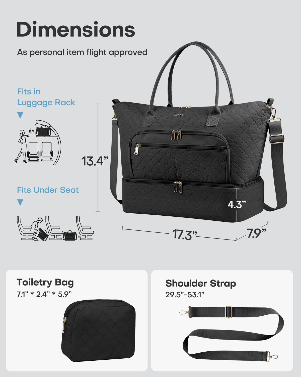 HOTOR Travel Duffle Bag for Women - Carry on Bag with Toiletry Pouch & Shoe Compartment, Large Overnight Weekender Bags for Gym, Business Trips, Sports and Hospital, Black, 17.3" x 7.9" x 13.4"