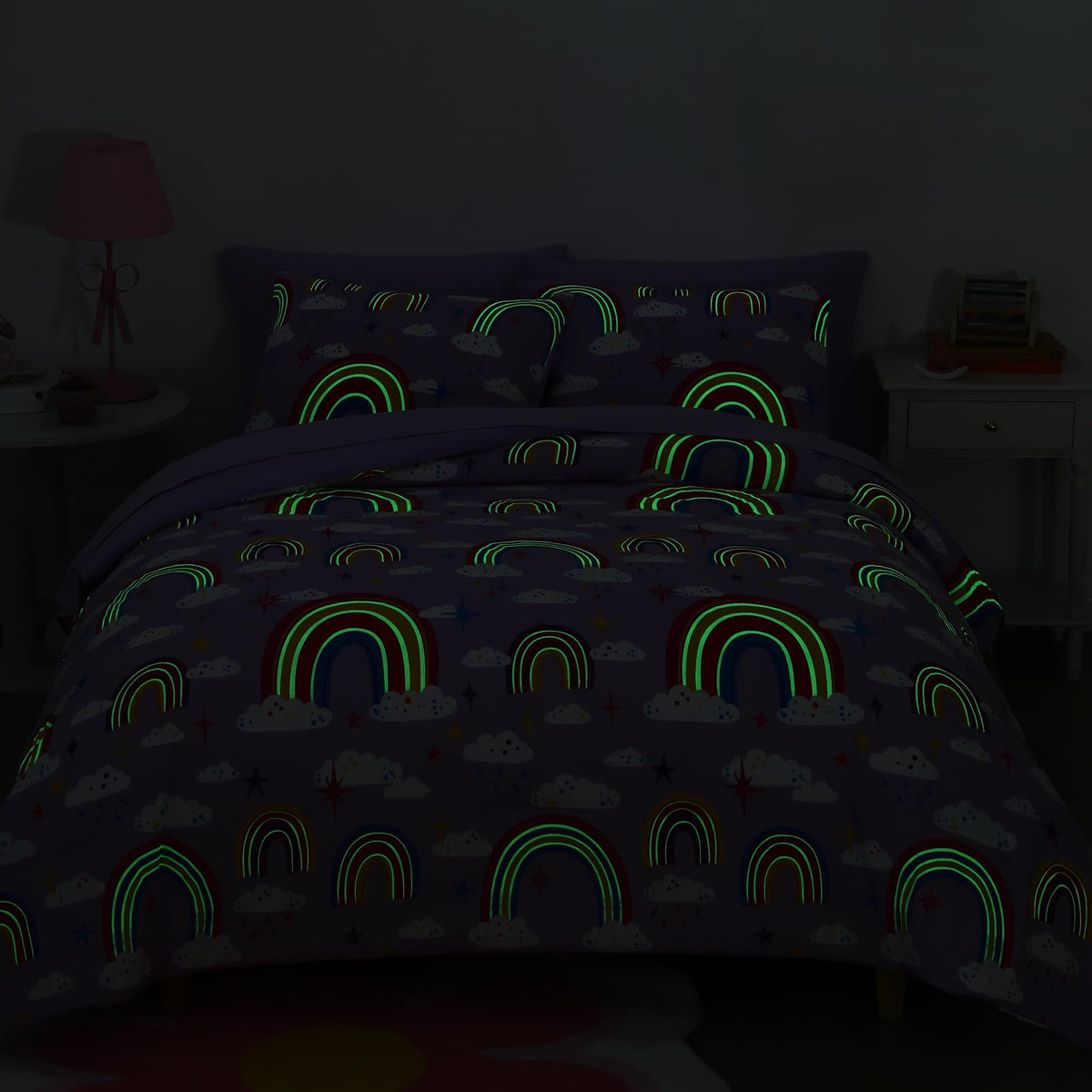 Wink Deer Full Size Comforter Set for Girls-7 Pieces Purple Rainbow Glow in the Dark Full Bedding Sets for Kids, Ultra Soft Bed in A Bag with Sheets