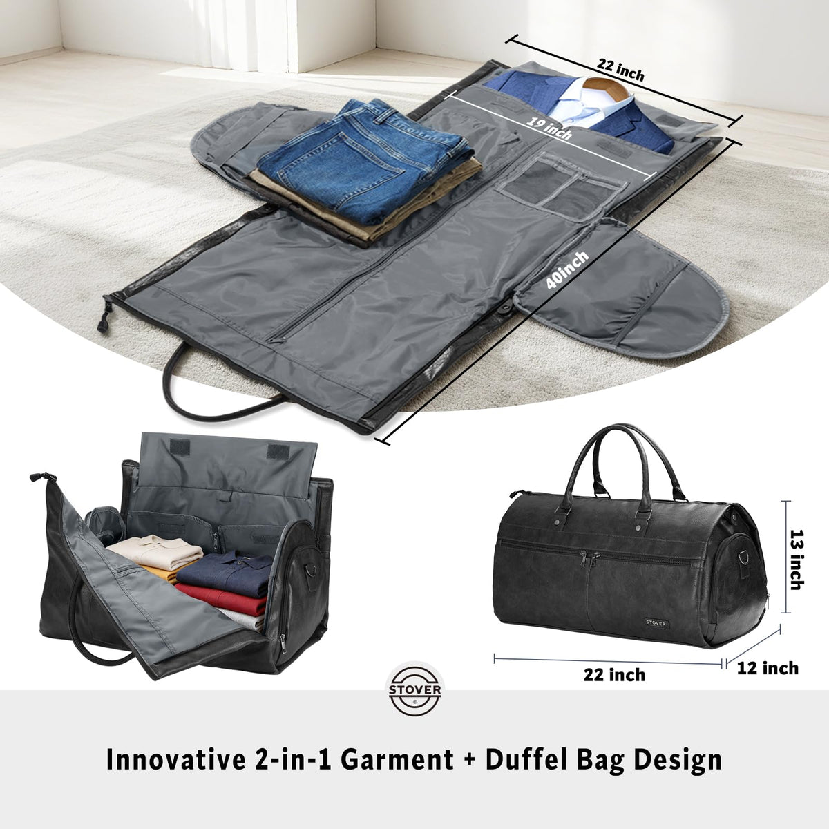 STOVER Garment Travel Duffle Bag, Large 2-in-1 Convertible Carry-on Luggage for Men & Women- Hanging Suits, Dresses & Clothes + Shoe Compartment- Weekender Tote Combo Duffel (Black Leatherette)