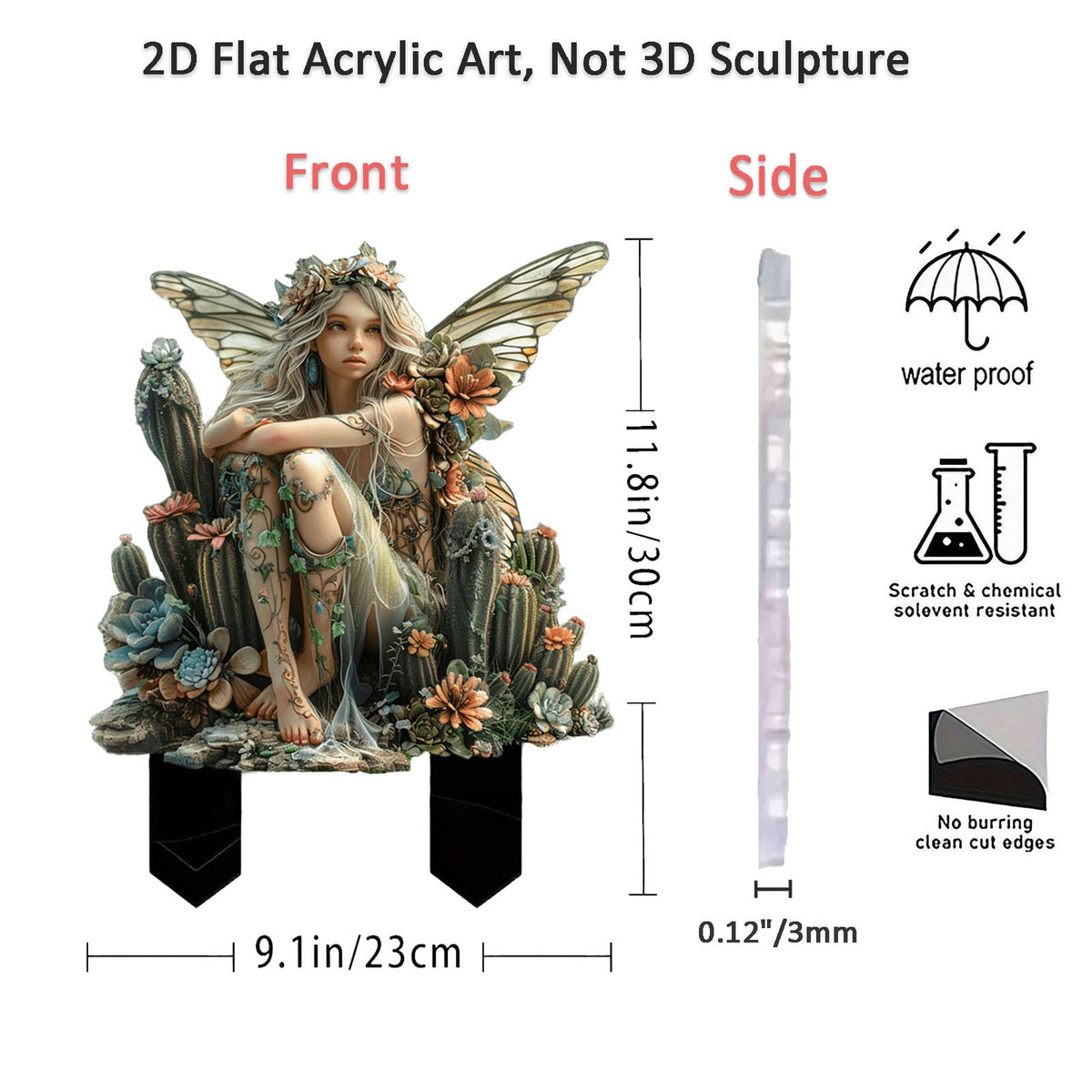 ANNUOZE Fairy Garden Stake Decor, 2D Flat Acrylic Fairy Garden Decor Panel, Elf Yard Sign for Outdoor Indoor Yard Lawn Plants Pots, Fairy Garden Accessories (Cactus Fairy)