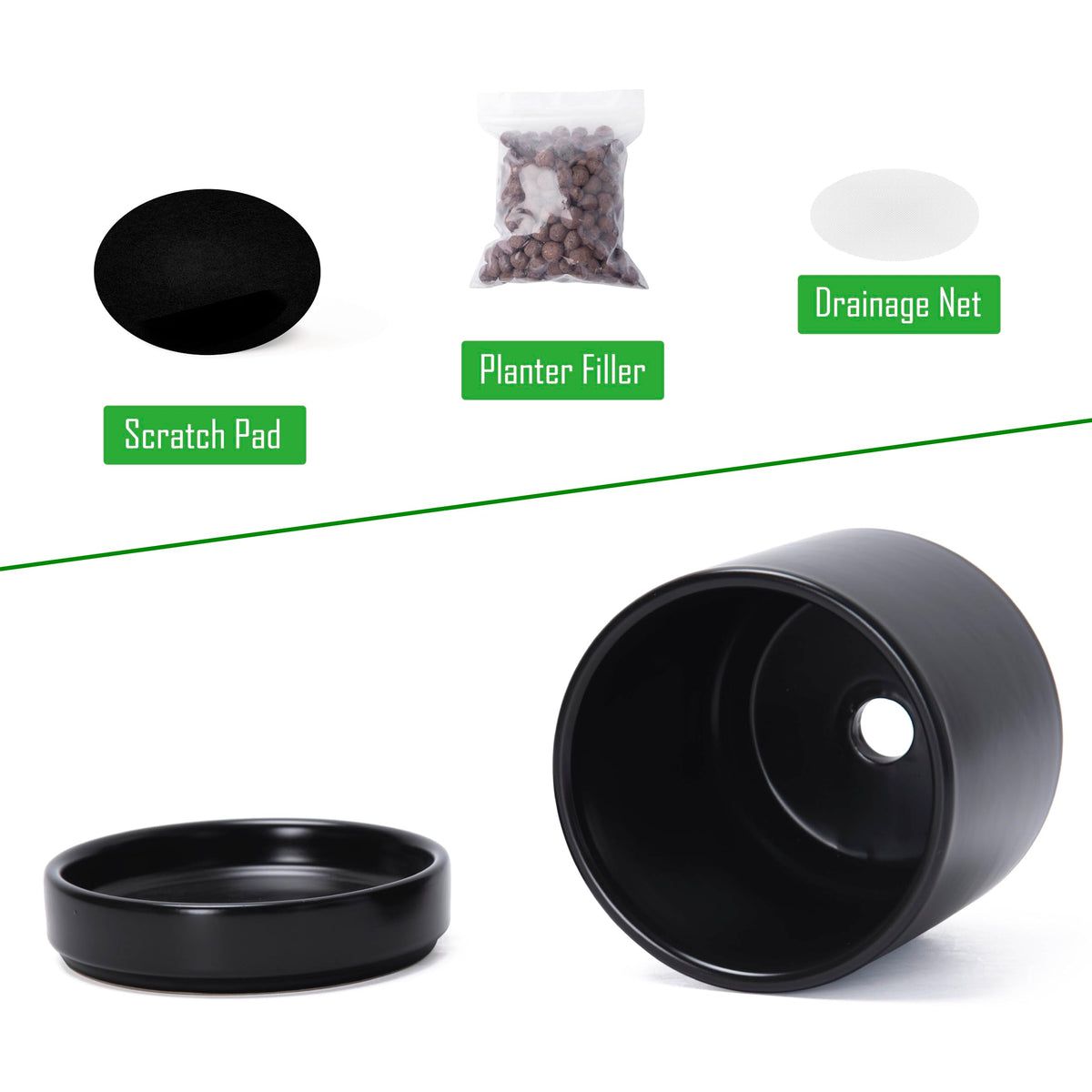 D'vine Dev 3.5 Inch & 4.7 Inch Ceramic Planter Pots for Plants with Drainage Hole and Saucer, X-Small Plant Pots Set, Black, 94-G-XS-2