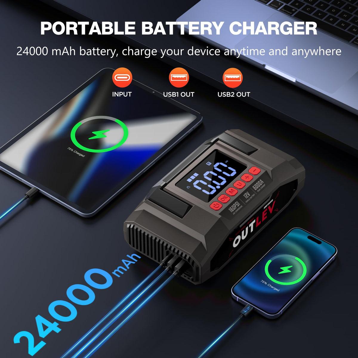 OUTLEV Jump Starter with Air Compressor for All Gas & 10.0L Diesel Engines, 6000A Jump Starter Battery Pack, Portable Power Bank, Safety Protection, Self-Driving Tour Essential