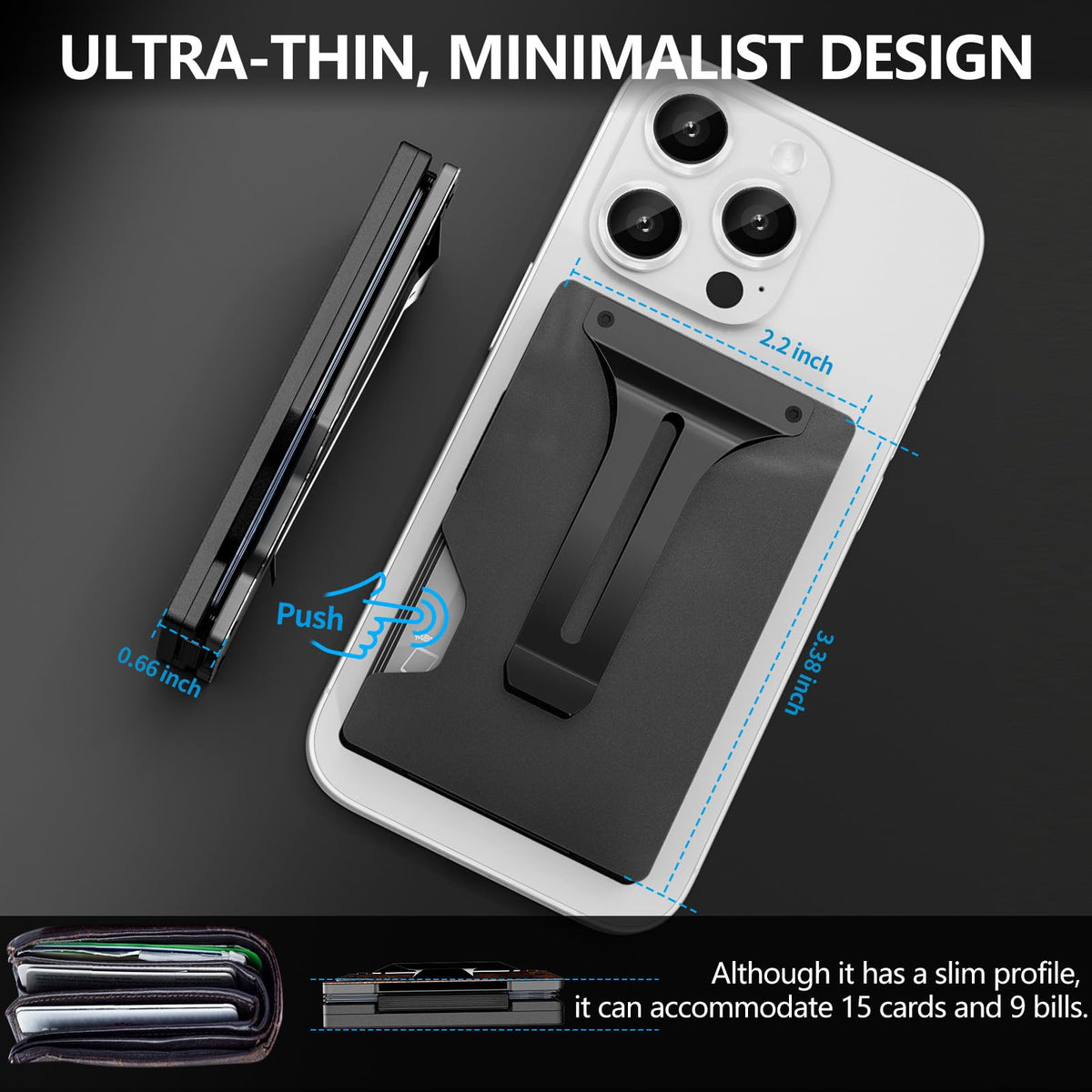 BESSIO Magnetic Phone Wallet Compatible with Apple MagSafe - Metal Card Holder with AirTag Holder, RFID Blocking & Money Clip Mag Safe Wallet for iPhone 17 16 15 14 13 12 Pro Max/Pro/Plus/Mini, Black