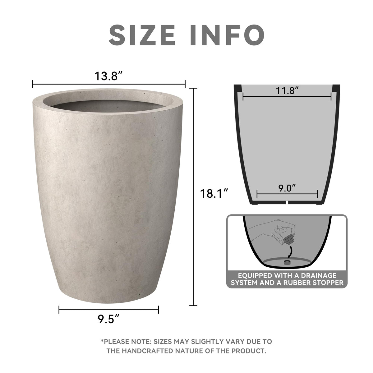 Kante 18.1" H Tall Round Concrete Planter for Outdoor Indoor, Modern Decorative Plant Pots with Drainage Hole & Rubber Plug for Home & Garden Weathered Concrete