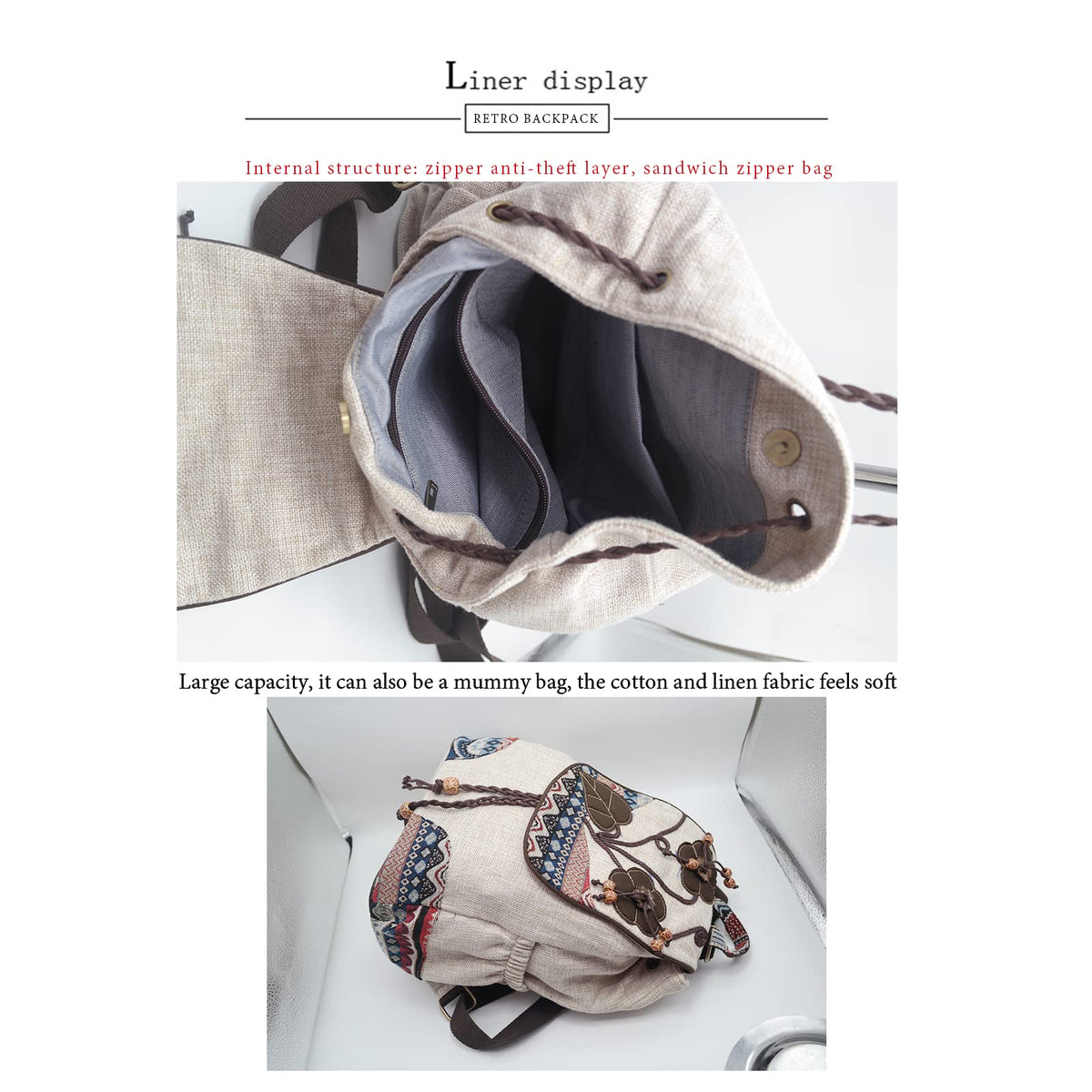 HUANGGUOSHU Backpack Purse For Women Casual Vintage Drawstring Back Pack Bohemian Travel Boho Hand-Held Flap Hand-Embroidered Backpack