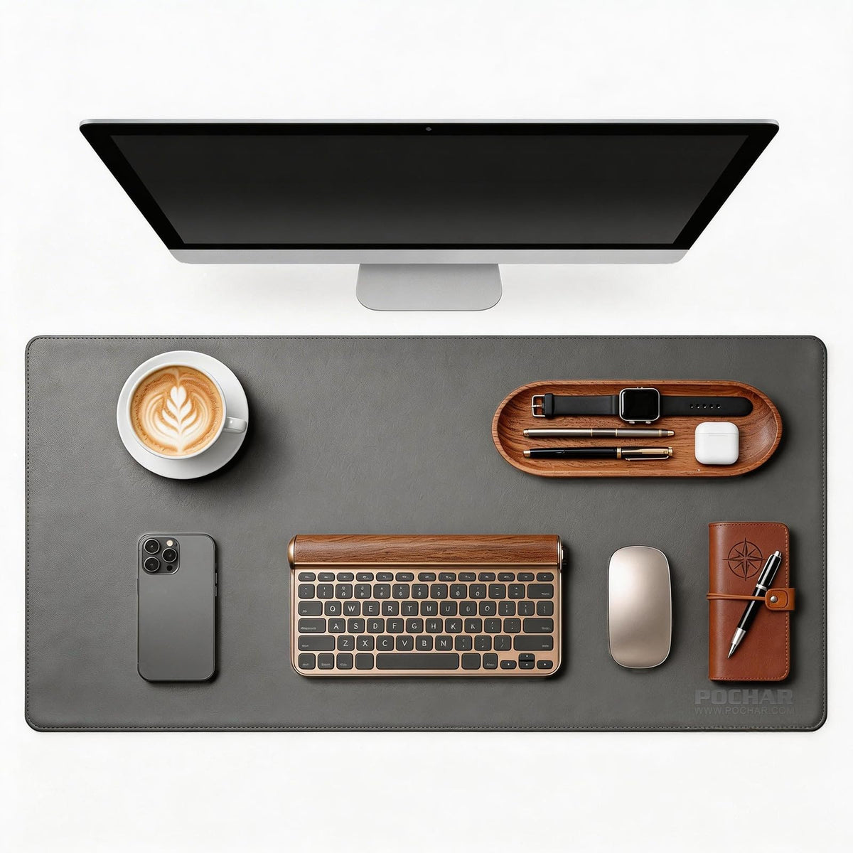 POCHAR Vegan Leather Desk Mat 31" x 16" - Office Desk Pad Protector for Desktop - Non-Slip PU Leather Dual-Sided Desk Blotter for Laptop Mouse Keyboard - Waterproof Writing Signing Pad, Gray