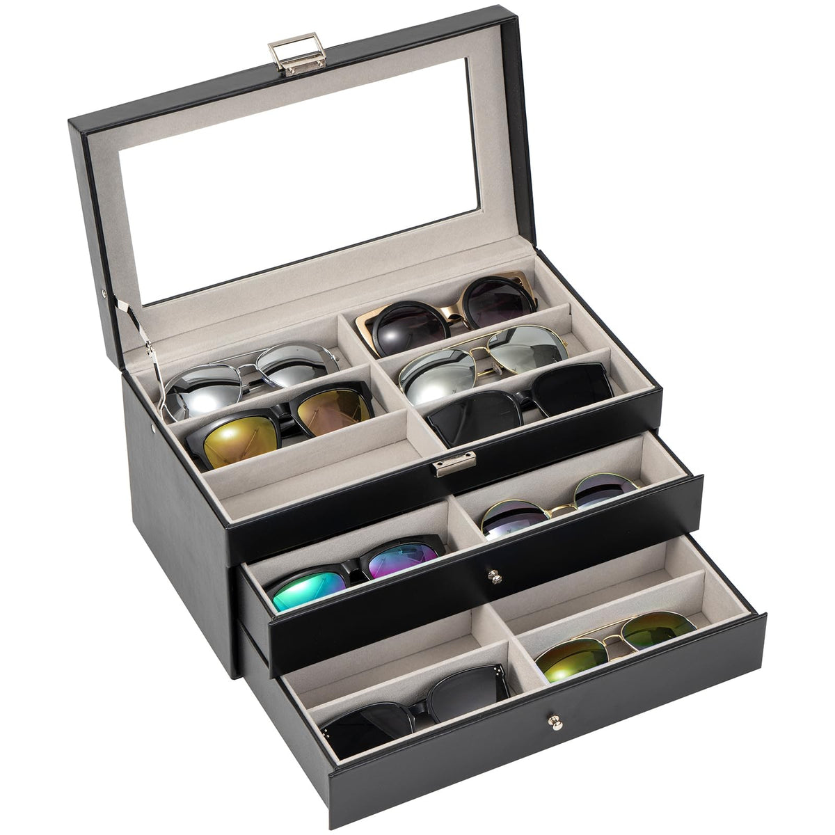 ProCase 3-layer Sunglasses Storage Organizer, 18 Slots Leather Sunglass Box Multiple Pairs Eyeglass Cases Eye Glass Eyewear Display Holder for Men Women, Valentine's Day Gift -Black