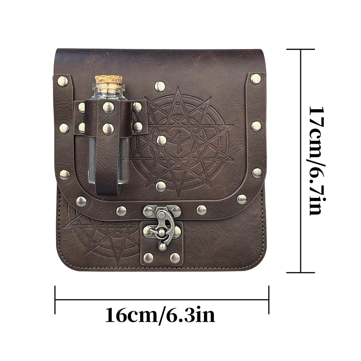 HiiFeuer Medieval Alchemy Faux Leather Belt Bag with Cork Potion Vials, Fantasy Wizard Waist Pouch Side Pack for Halloween (Brown C)