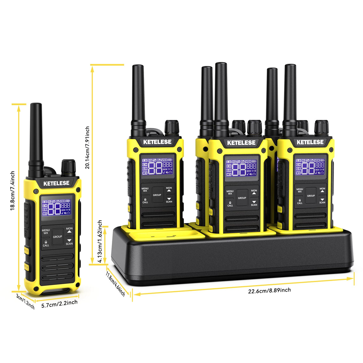 KETELESE T3F Walkie Talkies 6 Pack for Adults, IP67 Waterproof 2 Way Radios Rechargable, with Earpiece and Mic, Shock Resistant, Dual PTT, One Key Group Call, VOX, NOAA&Wheather Alert, Black/Yellow