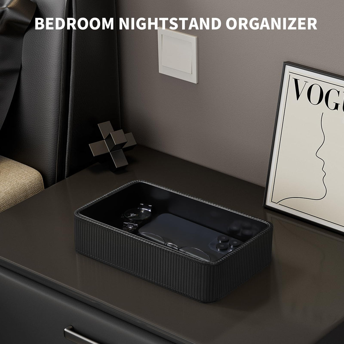 Cretkhp PU Leather Valet Tray Organizer, Small Nightstand Organizer Bedside Desktop Storage for Womens and Men, Perfume Trinket Catchall Vanity Tray for Key Watch Wallet (Black, Rectangular)