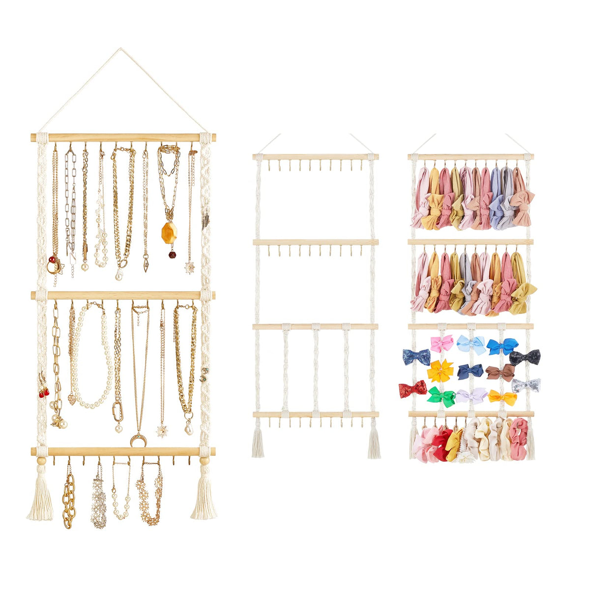 Dahey Hanging Jewelry Organizer Macrame Necklace Holder with 30 Hooks and Macrame Headband Holder with 30 Hooks Boho Nursery Decor for Baby'S Room