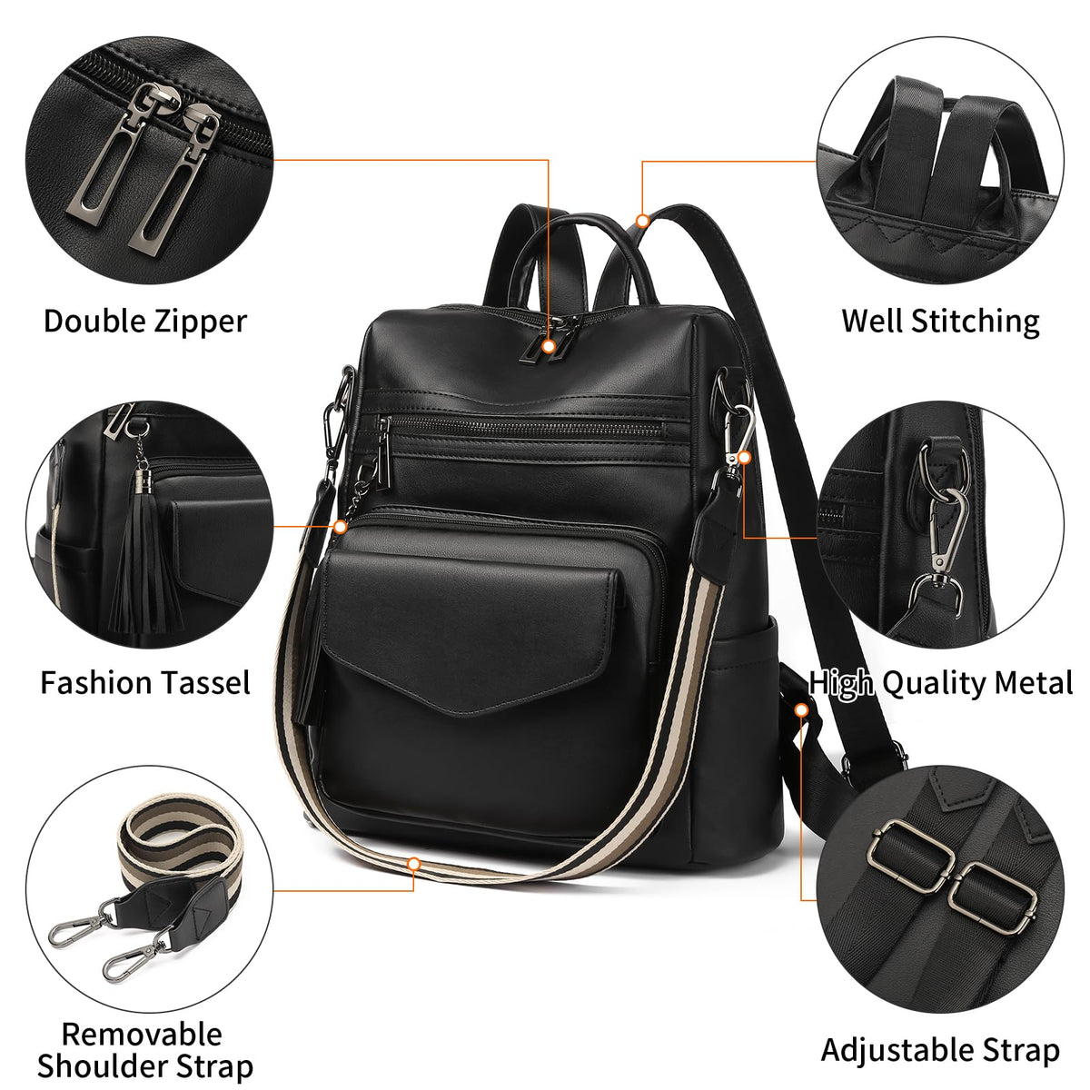 GAEKEAO Backpack Purse for Women Fashion Leather Designer Travel Backpack Purses Convertible Shoulder Bag with Wristlet (Shiny Black)