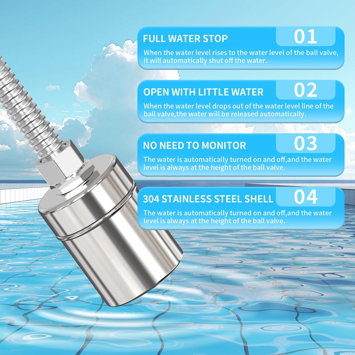 304 Stainless Steel Float Valve for Water Tank – Automatic Water Level Control, 1/2" NPT Thread, No Electricity Needed, Full Water Shutoff for Livestock Troughs, Pools, and Stock Tanks