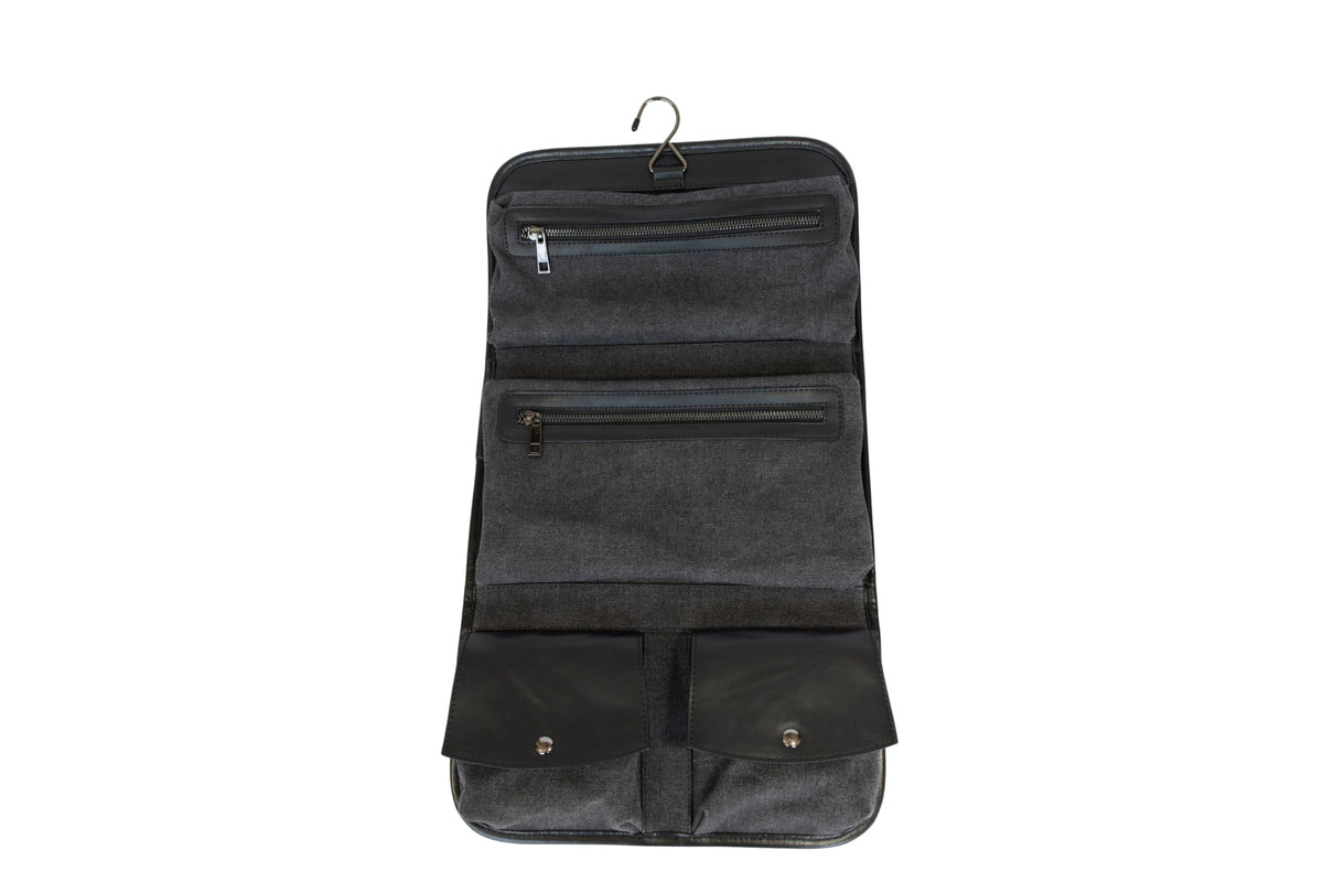 Vetelli Leather Toiletry Bag for Men - Water Resistant, 2 Zippered Internal Pockets, 2 Snap-Fastened Internal Pockets, and Hanging Hook. (Black)