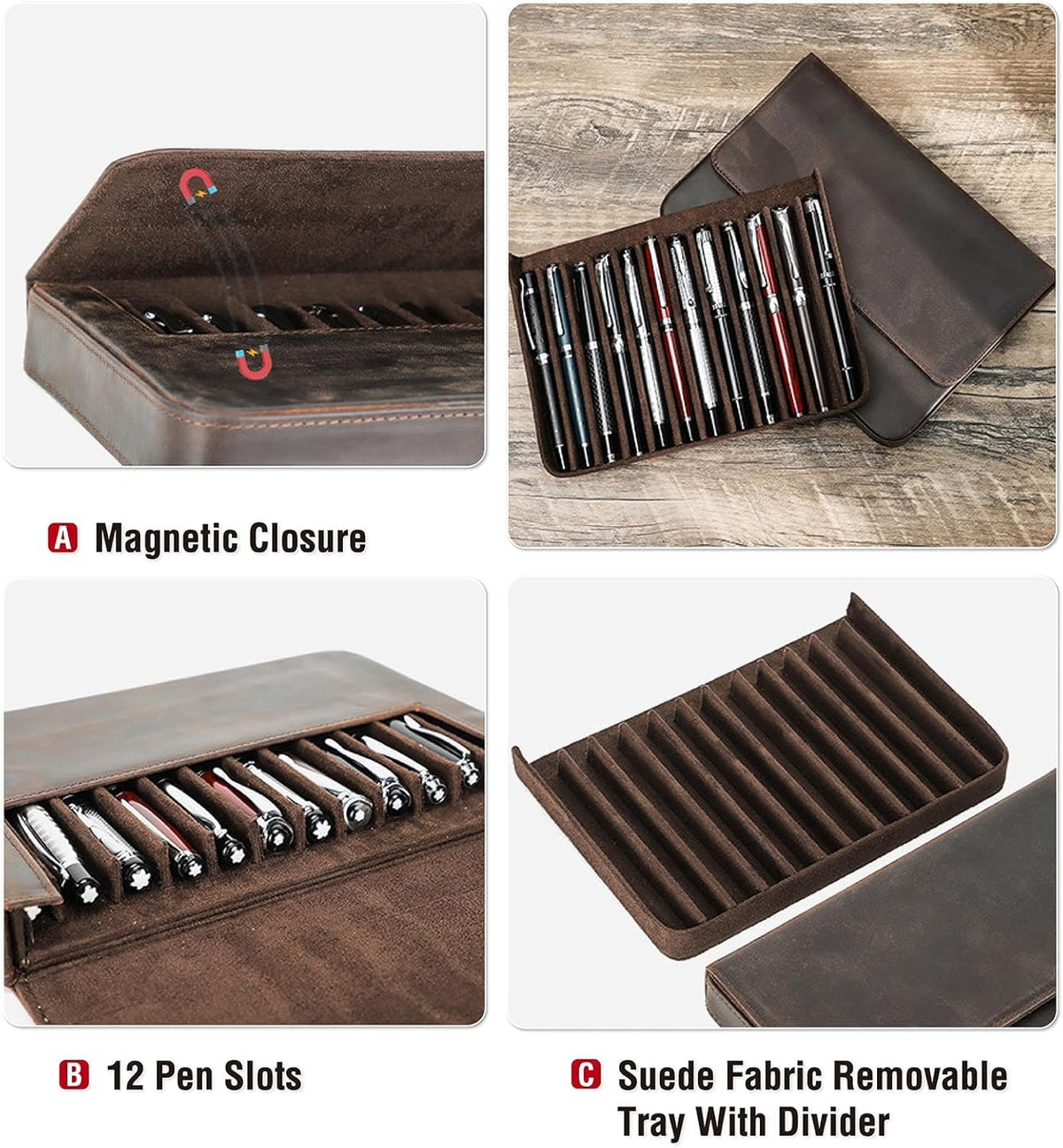 UPRESYE Leather Fountain Pen Case Collector Organizer, Pencil Case Handmade Pen Protective Sleeve (Magnetic 12 slots)