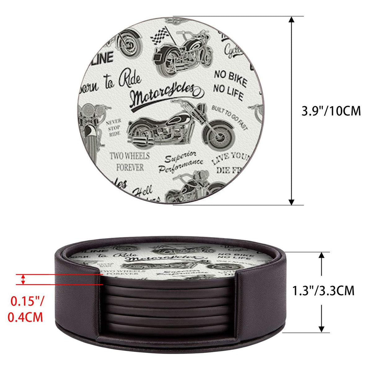 Set of 6 Round Leather Coasters with Holder for Bar, Drinks, Coffee (Motorcycle Silhouette Pattern)