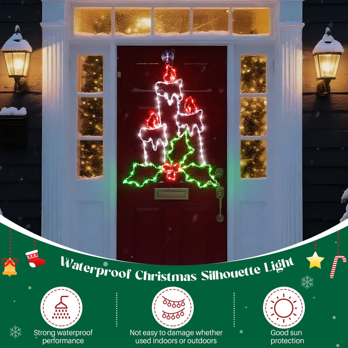 Enhon Christmas Window Silhouette Light, Battery Operated, 8 Modes, Timer, 15.8in, White/Red/Green, Model SO-Enhon-2398
