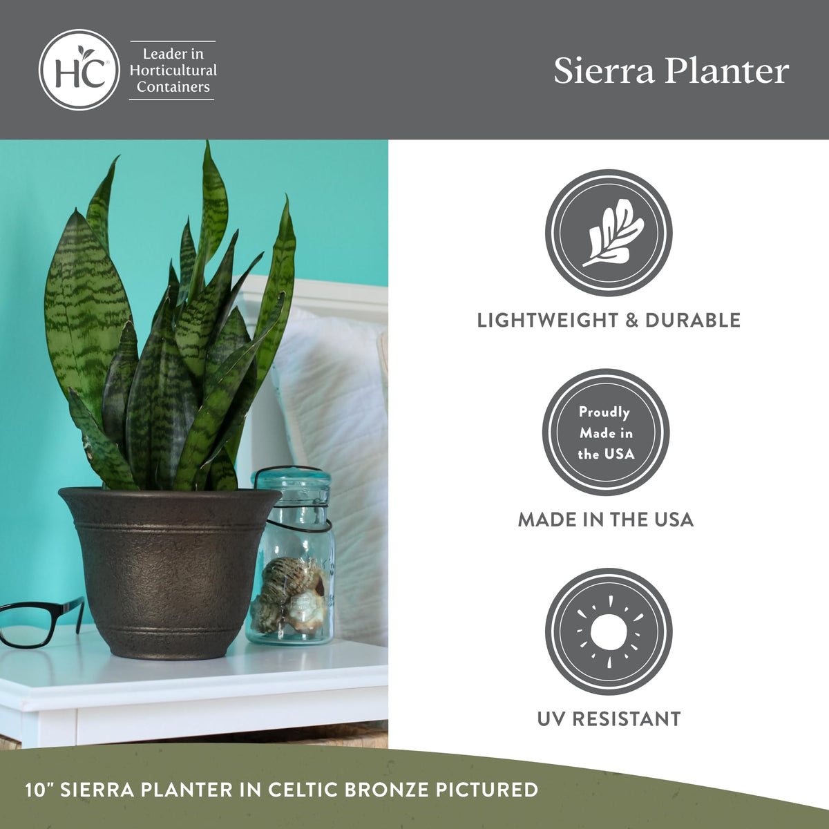 The HC Companies Sierra Round Self-Watering Pot - Lightweight Plastic Planter for Herbs & More - Durable Plant Pots for Indoor Plants & Outdoor Plants (7.5” Celtic Bronze, Pack of 2)