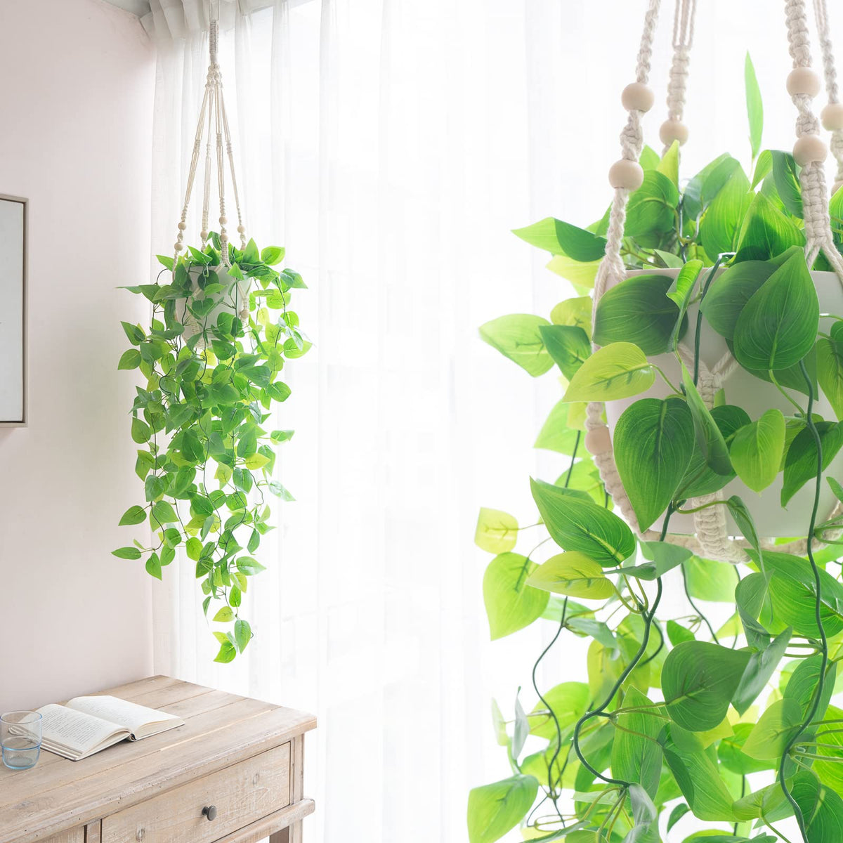 Mkono sSet of 4, 2 Packs Artificial Ivy Macrame Hanging Shelves with Lights, and 2 Packs Fake Hanging Plant with Pot