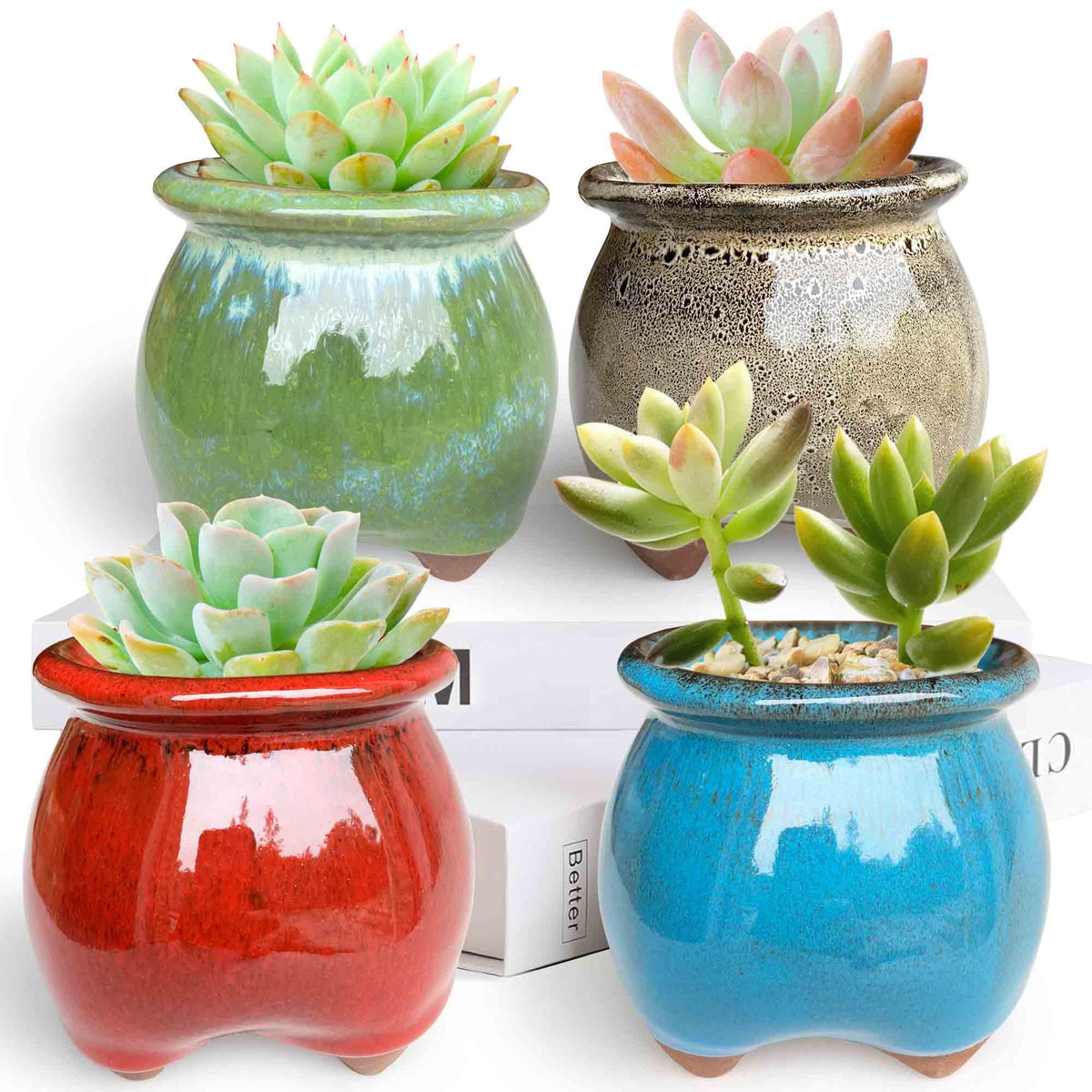 Casktcom 4PCS Handcraft Glazed Succulent Planters，Small Ceramic Succulent Pots with Drainage，Small Pots for Succulents - Mix Color Set