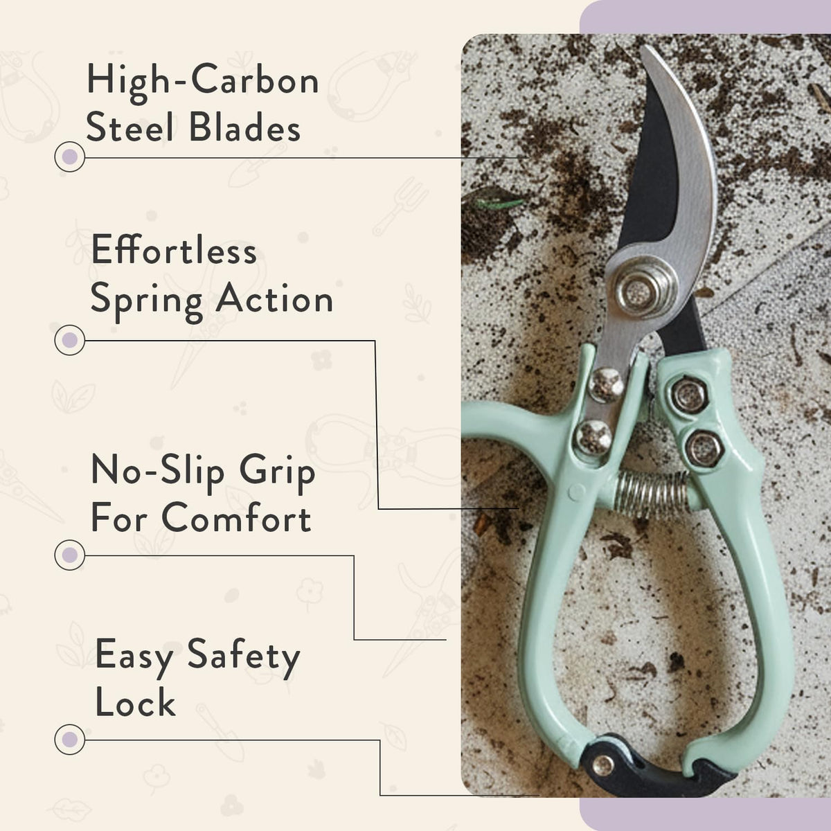 Modern Sprout Hand Pruners - Lightweight Pruning Shears W/Easy Lock- Gardening Scissors - Bypass Sharp Carbon Steel Blade - Rust Resistant - Garden Tools - Reusable Holster - Lavender