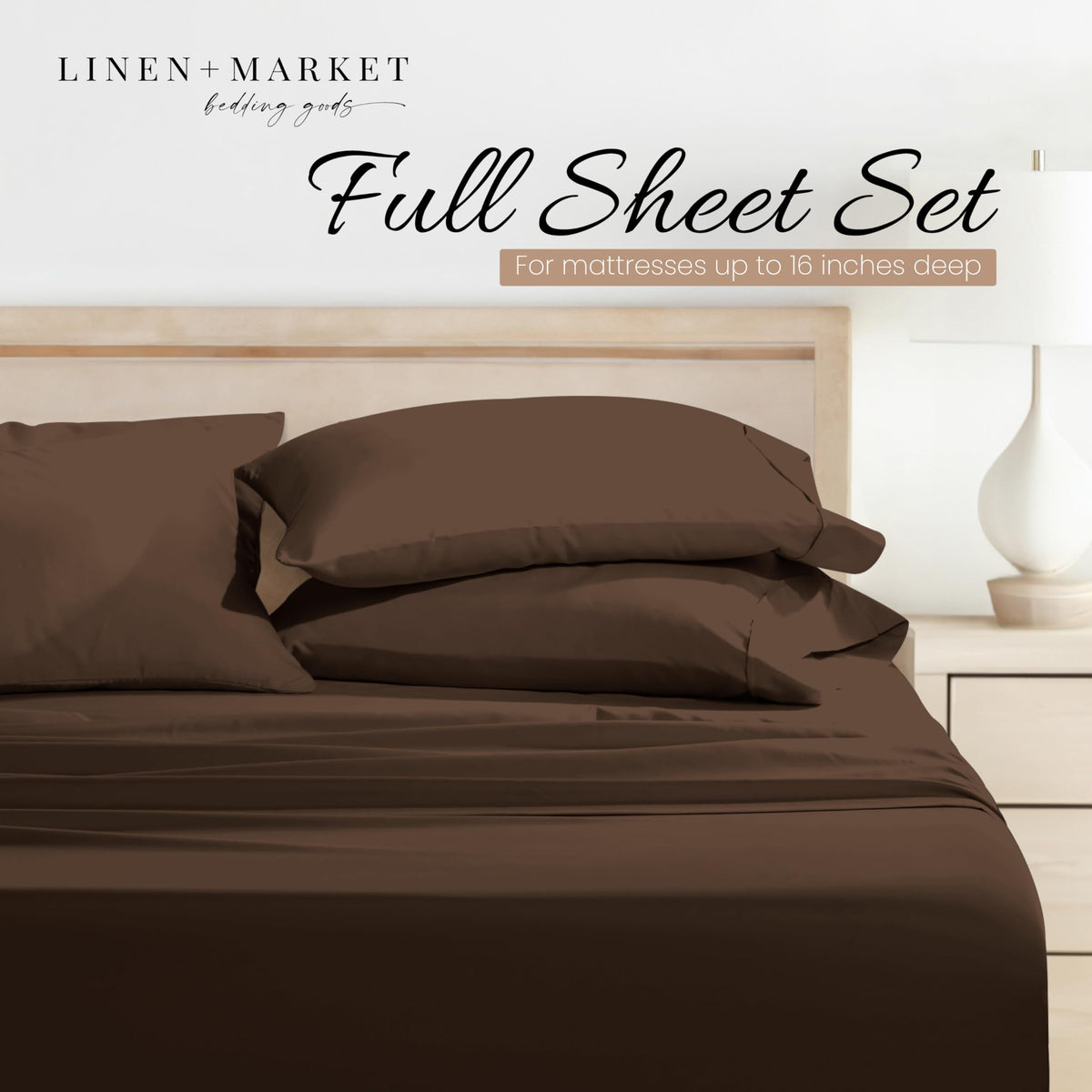 Linen Market Brushed Microfiber Full Sheet Set 4 Piece – Oeko-TEX Certified Ultra Soft & Wrinkle-Free - 16" Deep Pocket Sheets - Easy Care Full Size - Chocolate