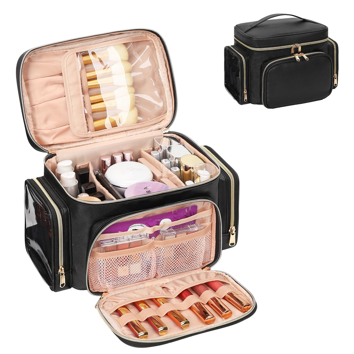 Bagmoly Large Makeup Bag, Portable Travel Makeup Bag Organizer for Women Girls with Makeup Brush Compartment & Two Side Pockets, Cosmetic Travel Bag Vertical Storage Toiletry Bag - Black