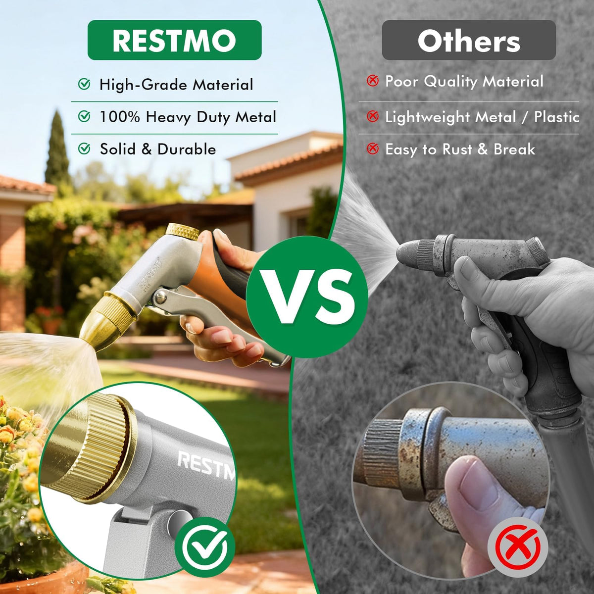 RESTMO Heavy Duty Metal Water Hose Nozzle, High Pressure Garden Hose Nozzle, Hose Sprayer Nozzle with Adjustable Spray Patterns for Garden Watering, Car Washing, Patio and Pet, Orange