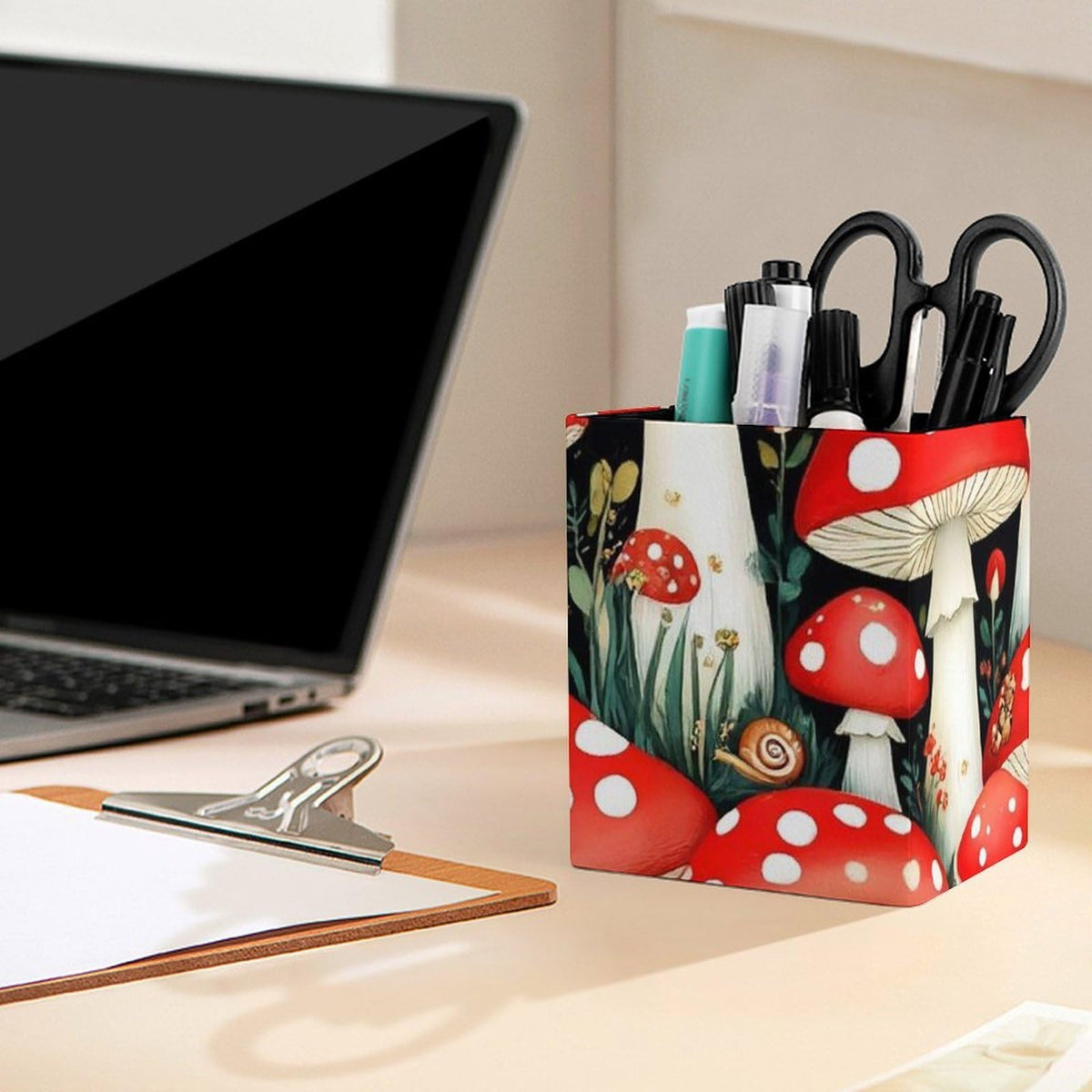 UTRSIFB Pen Holder Square Leather Pencil, Holder Cup Makeup Brush Storage Organizer, Waterproof Multifunctional Office Supplies Wild Mushrooms