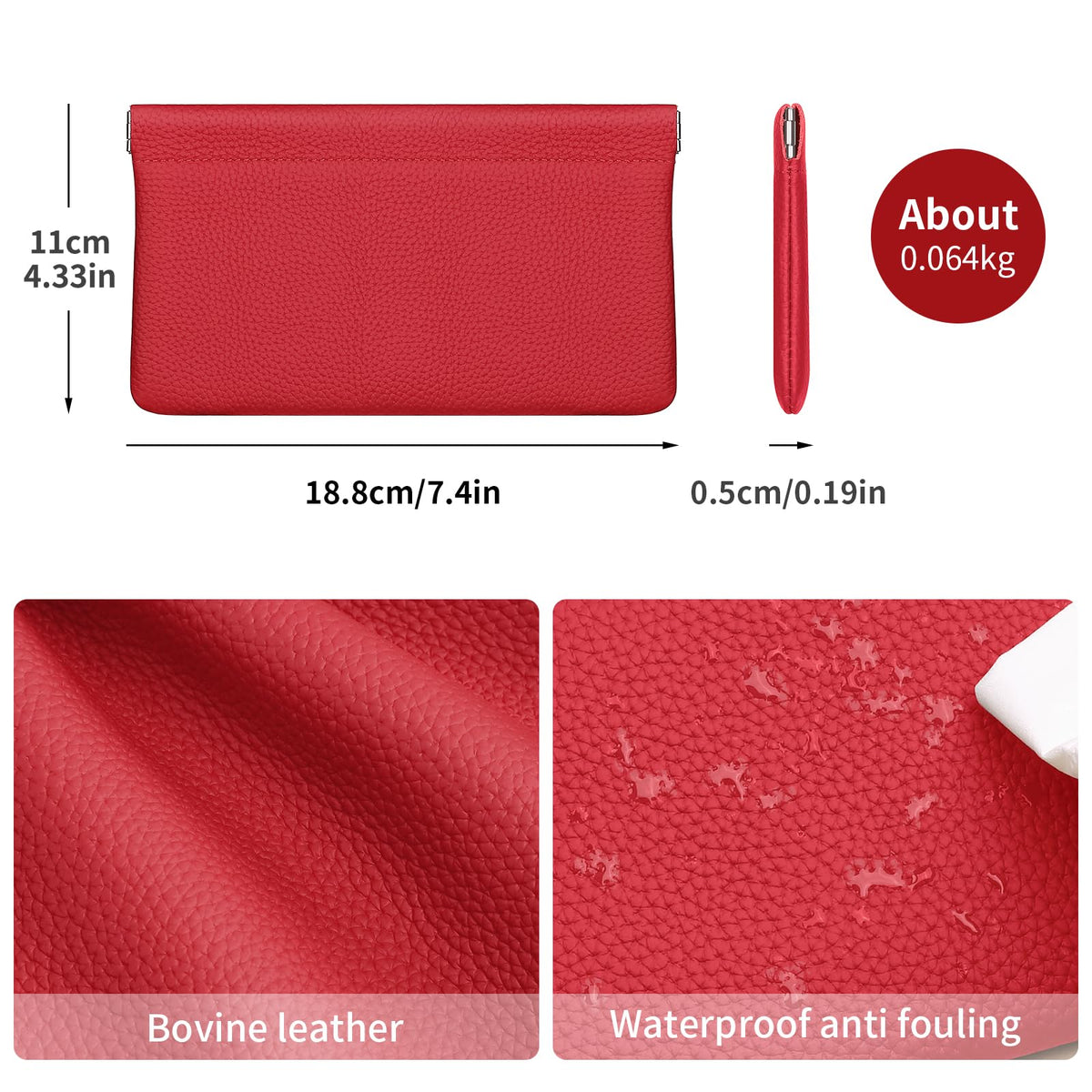 Genuine Leather Pocket Cosmetic Bag for Purse,Coin Purse Lipstick Cosmetic Accessories Travel Pouch for Storage Waterproof Portable No Zipper Self-closing Small Makeup Pouch (Red)