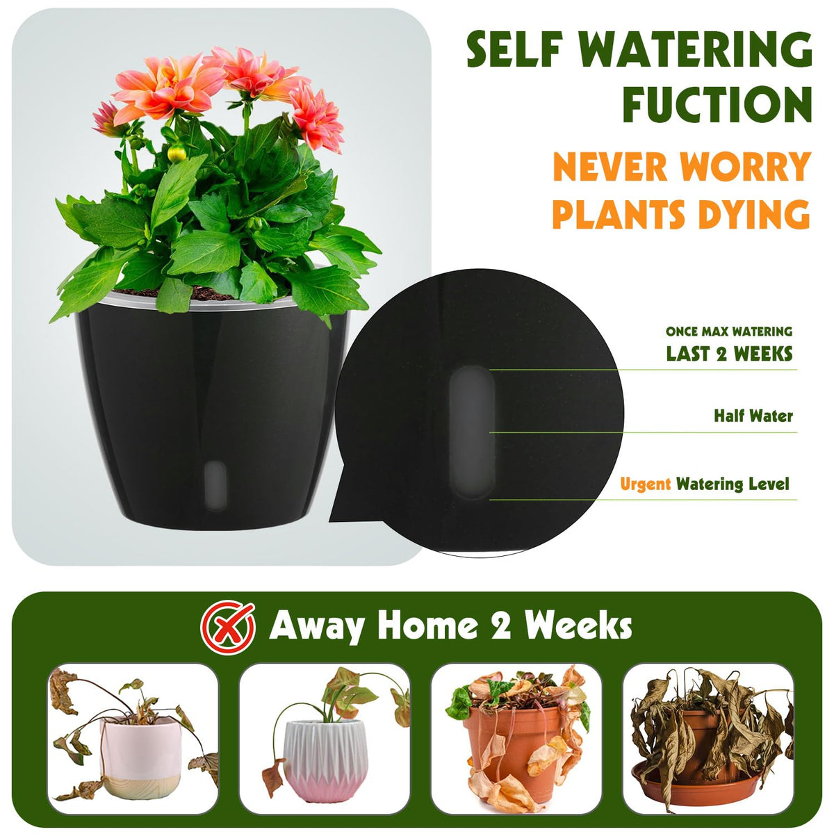 KvyusFlourish Self Watering Pots for Indoor Plants, 6-Pack 5'' Self Watering Planter with Drainage Holes, Small African Violet Pots with Water Indicator, Clear Wick Orchid Pot, Black
