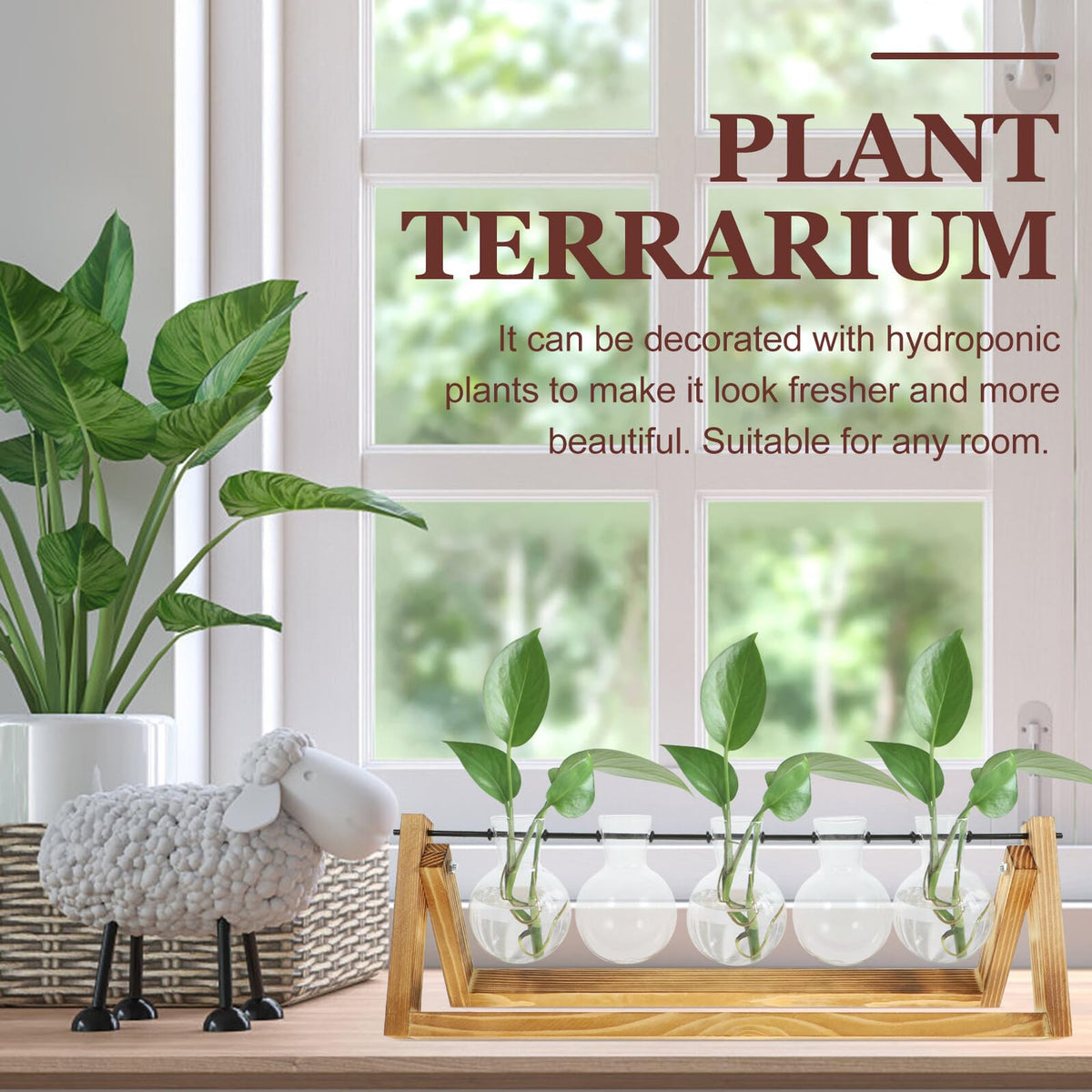Yardenfun Propagation Station Glass Vases Set of 5 with Wood Stand, Small Hydroponic Plant Terrarium for Indoor Home Décor and Desk Display
