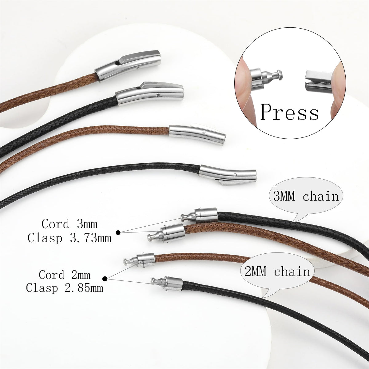 SKQIR 3mm Black Waterproof Braided Leather Cord Necklace with Durable Stainless Steel Snap Clasp Men Women Woven Wax String Rope Chain for DIY Pendant Length 24"