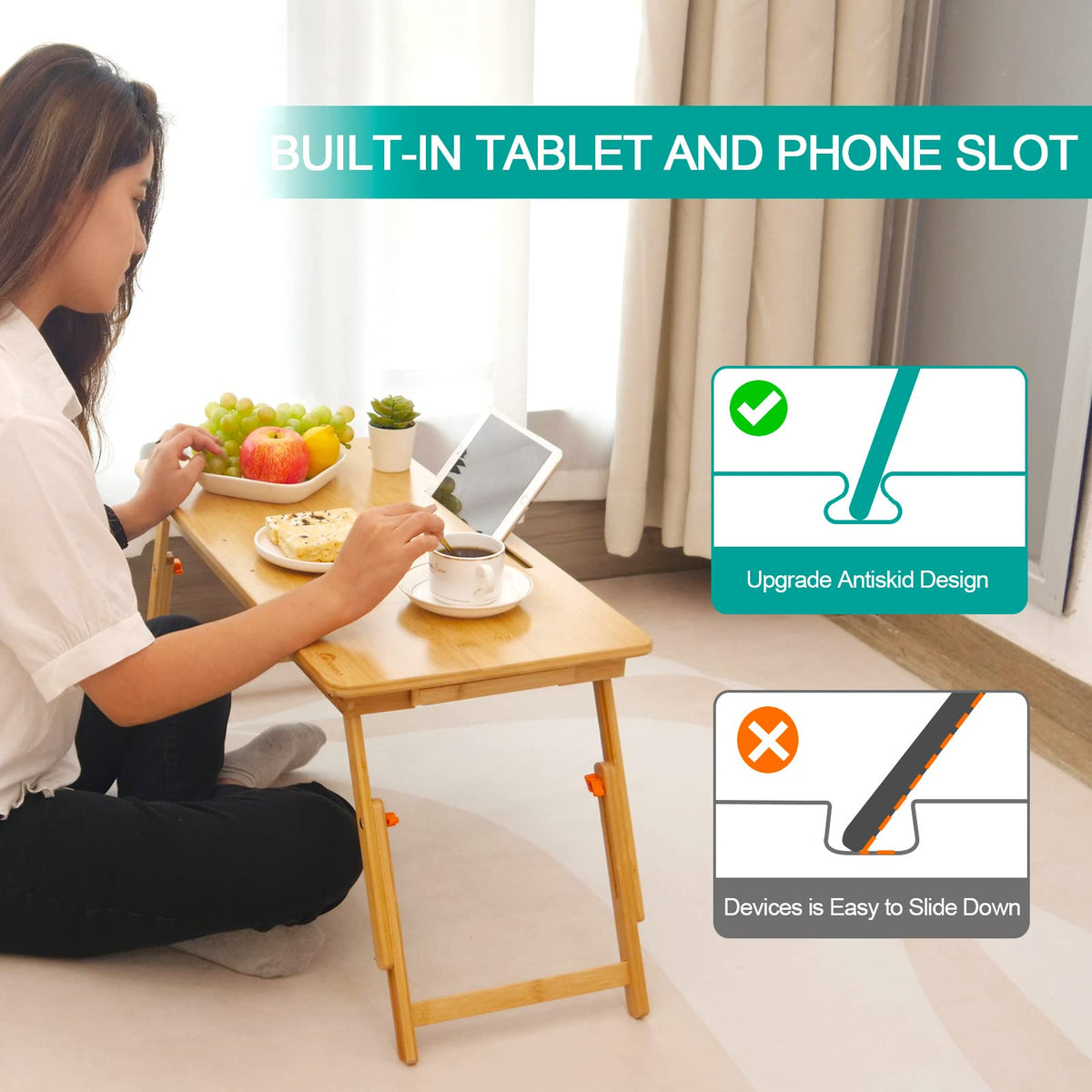 Lap Desk COIWAI Laptop Table Bamboo Writing Eating Bed Tray Adjustable Angle Height Foldable Desk Tray with Tablet Slot Drawer Breakfast Coffee Tea Table for Sofa Couch Floor Large Size