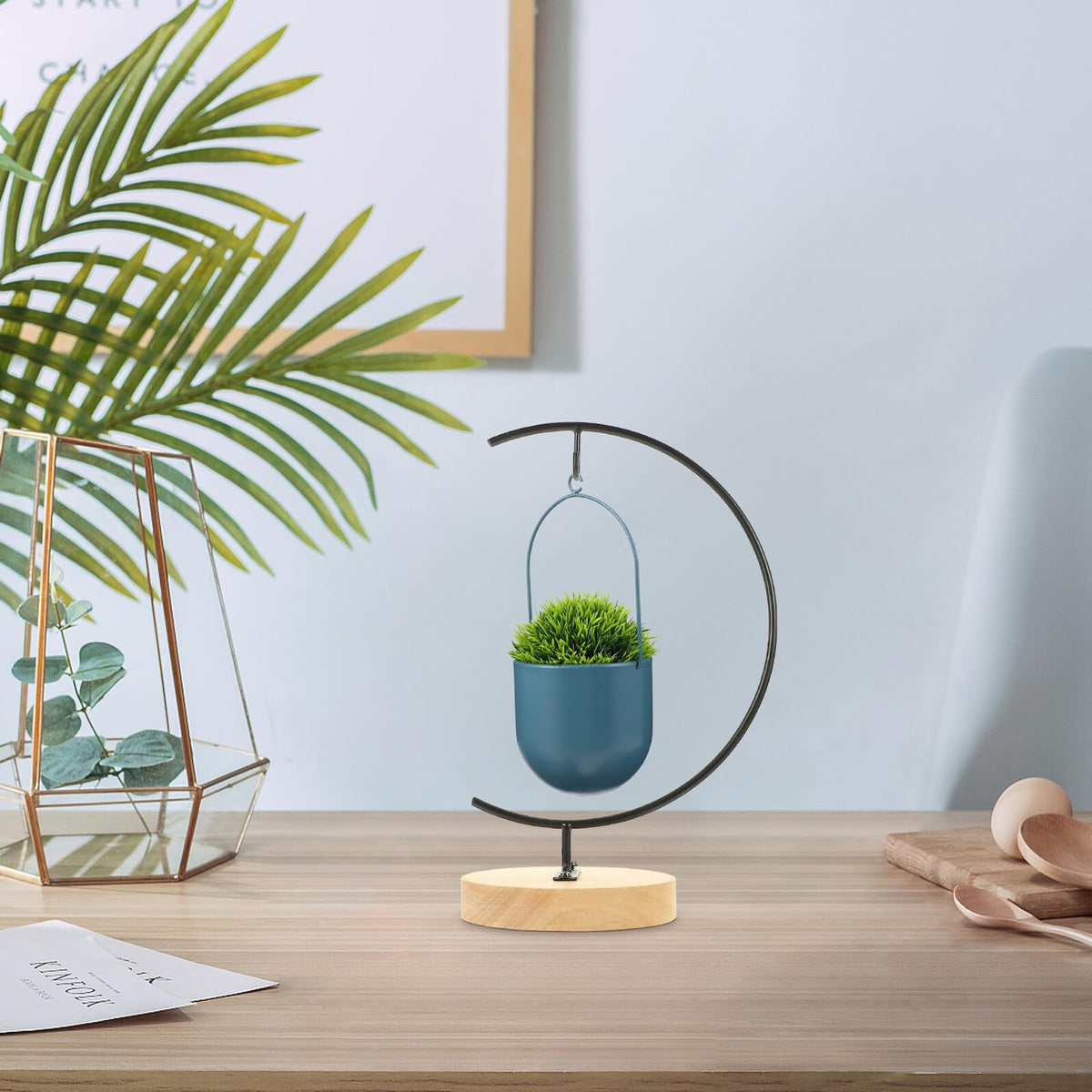 OSALADI Glass Flowerpot Desktop Stand with Wooden Base, Moon-shaped Iron Terrarium Hanging Bracket for Indoor Plant Display and Ornament Holder