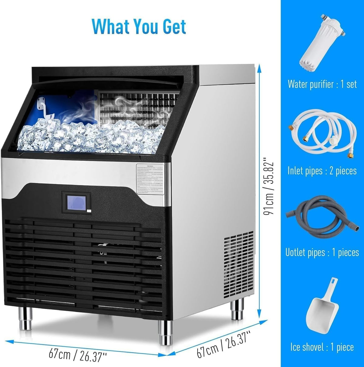 Commercial Ice Maker Machine, 260LBS/24h Stainless Steel Under Counter Ice Machine with 150LBS Ice Storage Capacity Freestanding Ice Machine