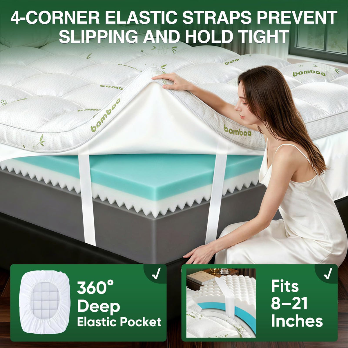 California King Mattress Topper, Dual Layer 4.5" Memory Foam Mattress Topper with 2" 1250GSM Cooling Mattress Pad (Breathable Viscose Made from Bamboo) & 2.5" Gel Memory Foam. Comfort Bed Topper