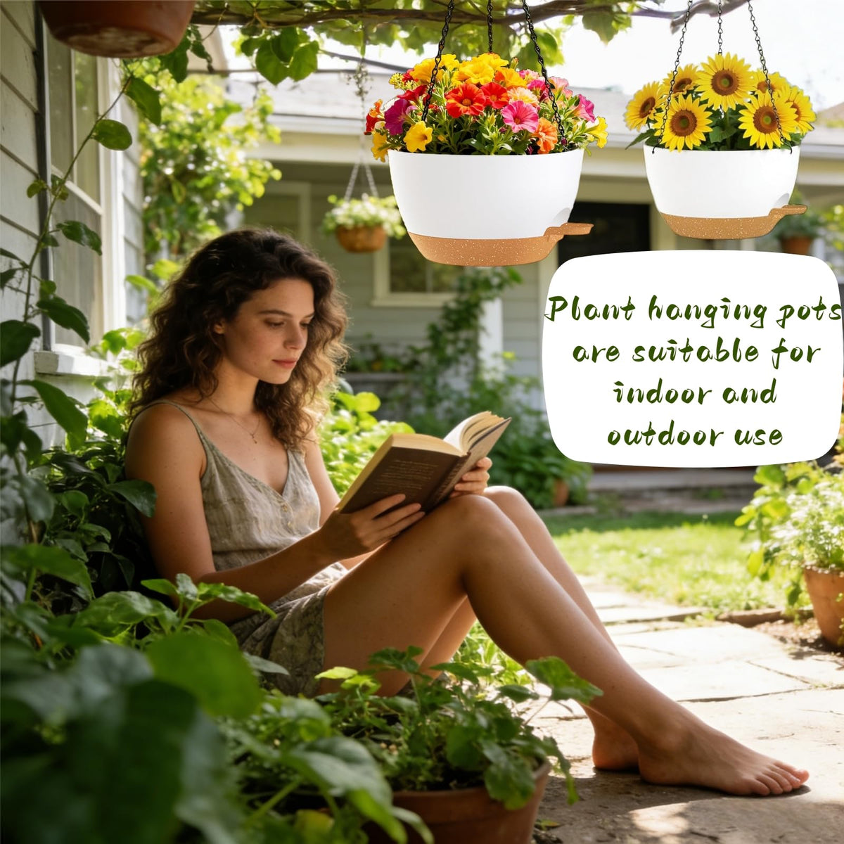 TESSTSY 3 Pack Hanging Planters for Indoor Outdoor Plants, 10 Inch Self Watering Hanging Pots for Plants, Plastic Hanging Flower Baskets for Plants Hanger with Drainage and Tray, Chain (White Brown)