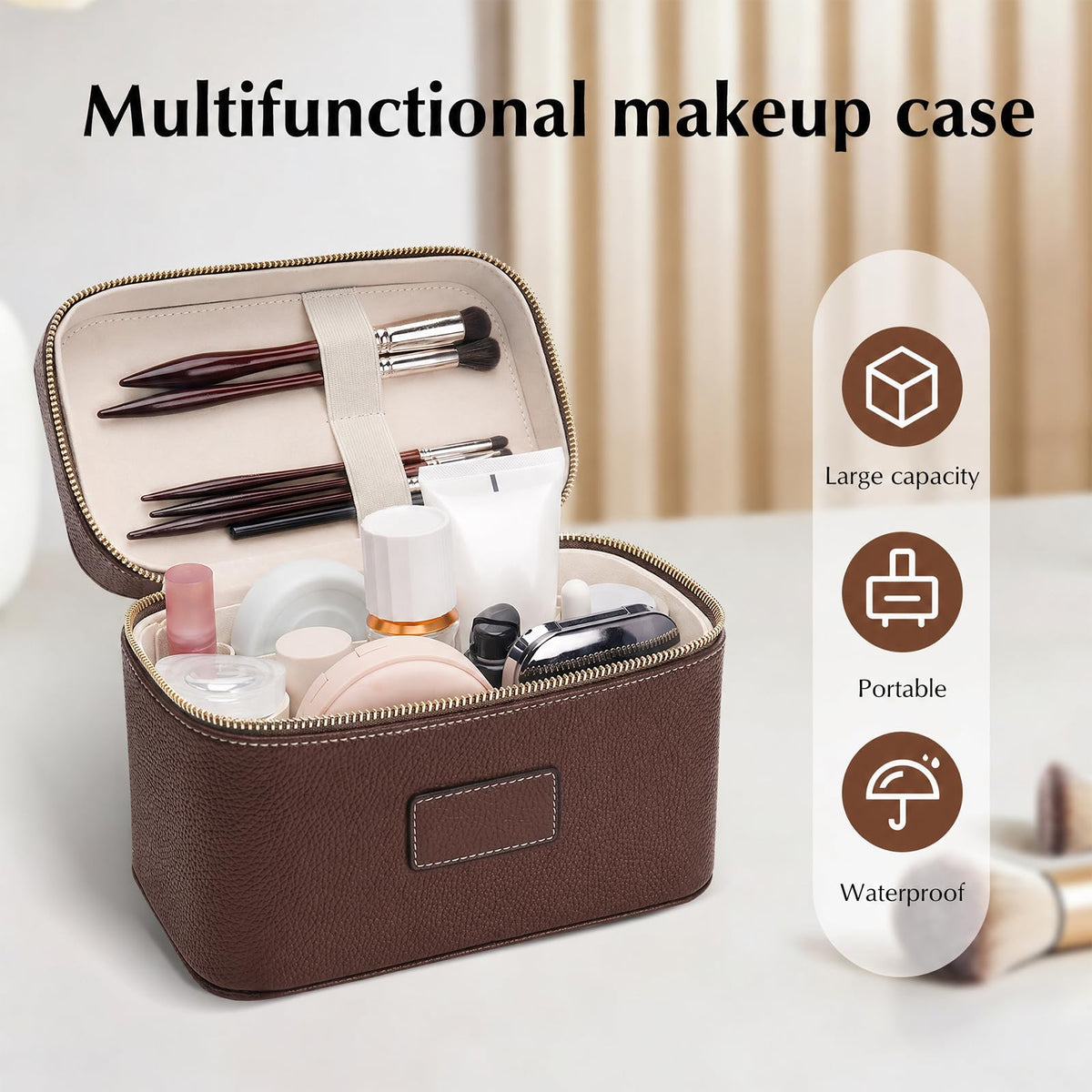 idoltimes Makeup Case for Women, Leather Makeup Bag Cosmetic Case with Removable Divider, Large Capacity Waterproof Portable Travel Toiletry Make up Organizer Case